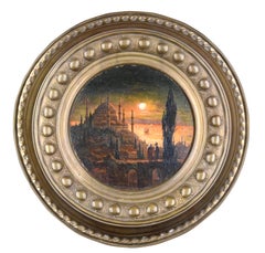 Antique Round View of Constantinople - Original Oil on Wooden Panel 19th Century