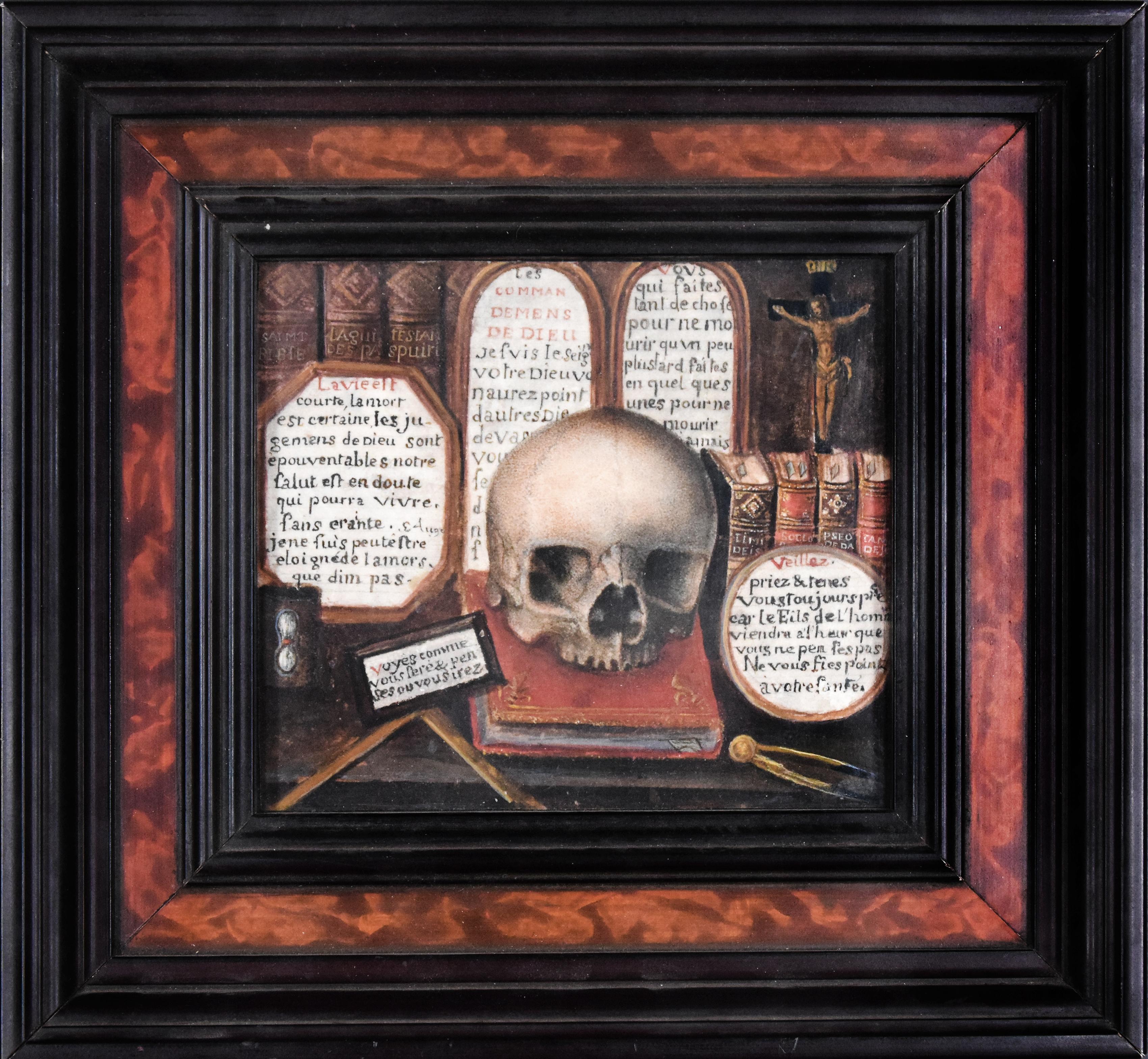 French Painter 18th Century Figurative Painting -  Skull with Sacred Writings and Tablets of the Law - Tempera on Cardboard