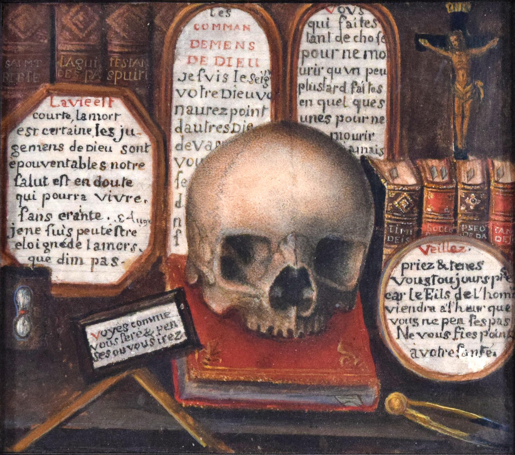  Skull with Sacred Writings and Tablets of the Law - Tempera on Cardboard - Painting by French Painter 18th Century