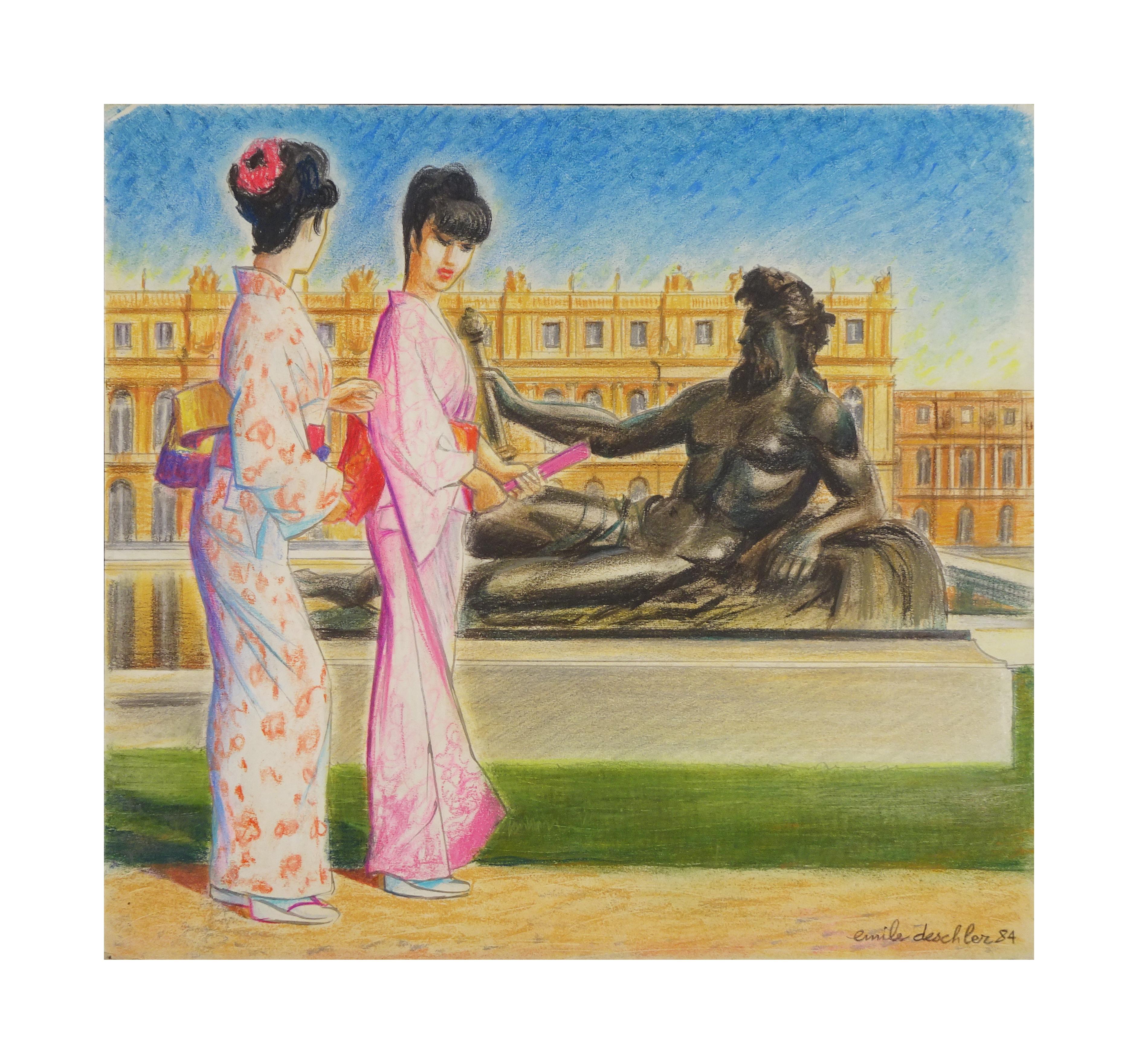 Kimonos in Versailles - Original pastellfarbene Zeichnung von Emile Deschler - 1984