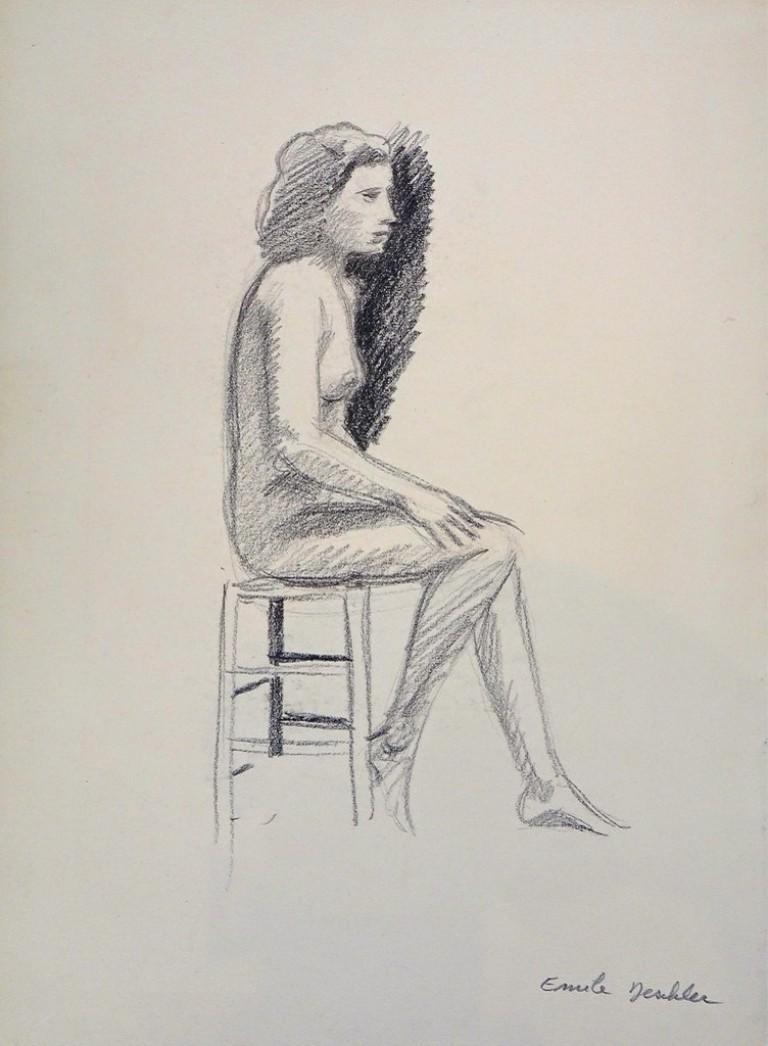 Femme nue - Années 1940 - Emile Deschler - Dessin au fusain - Moderne