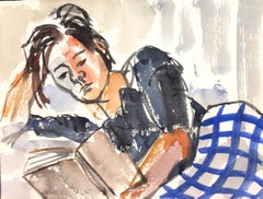 Girl Reading - Original Tempera on Paper by Henry Wormser - Half 1900