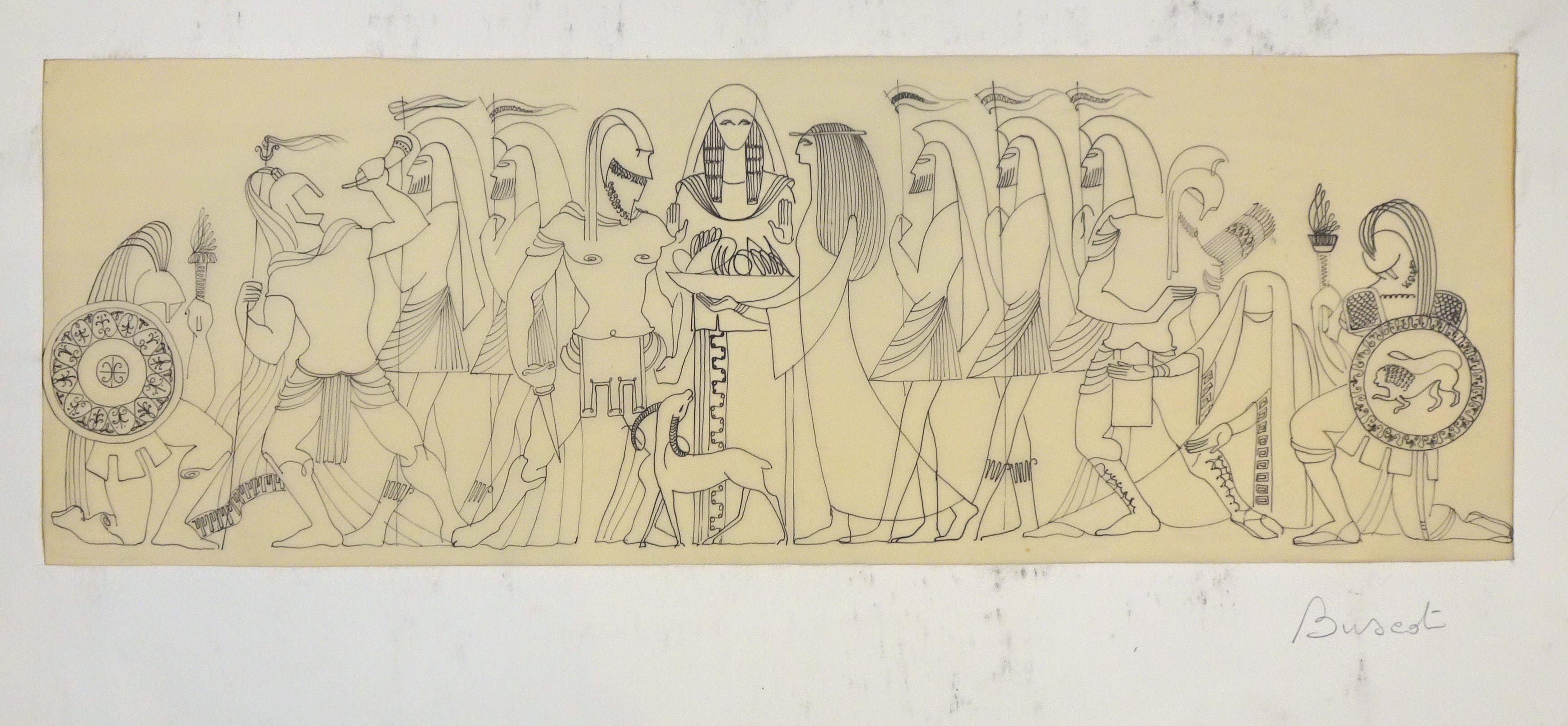 Scène mythologique - dessin original à l'encre sur parchemin par Buscot 