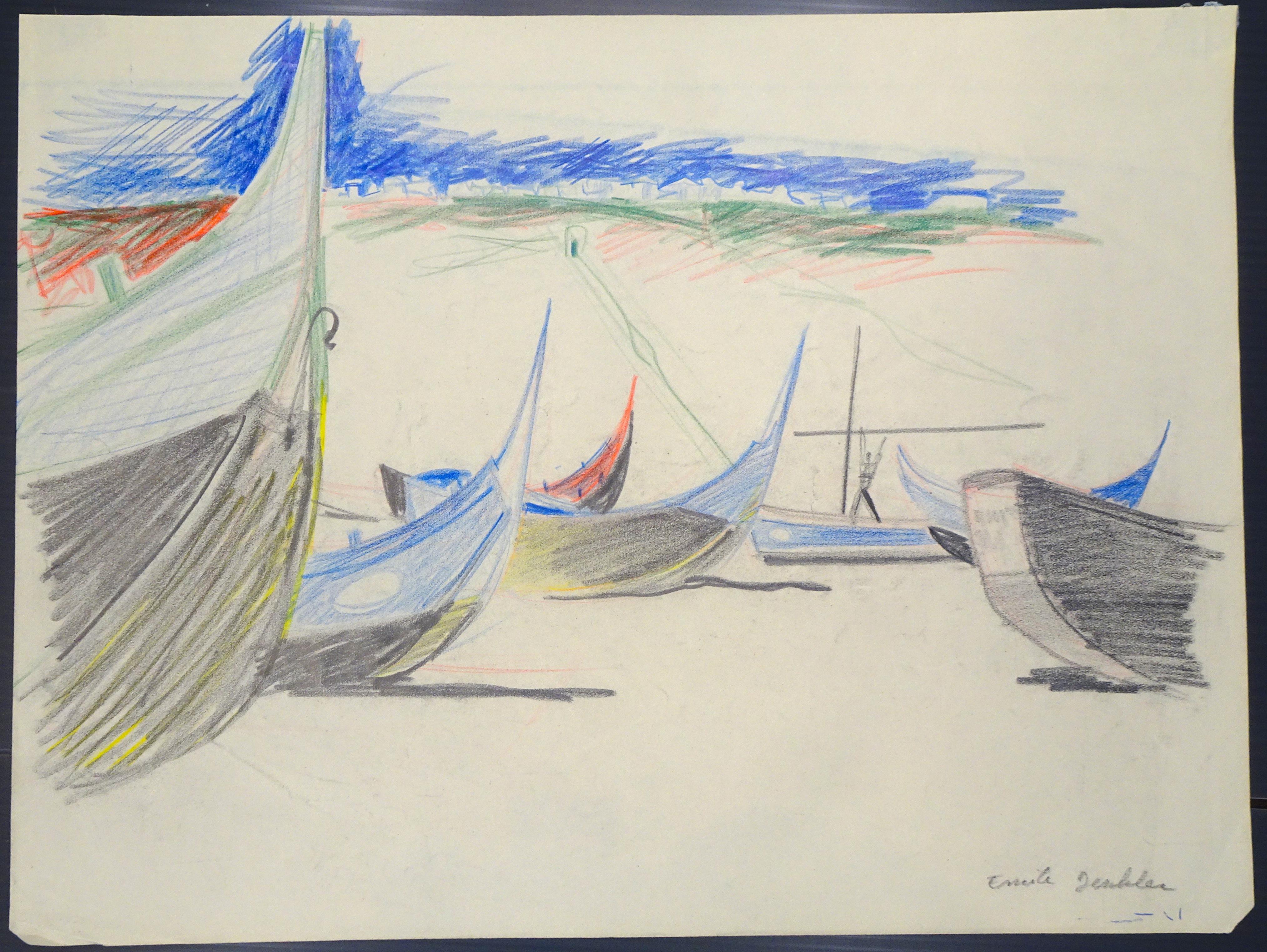 Boats is an original artwork realized by Emile Deschler in the 1980s.

Colored pastel on paper.

Hand-signed by the artist on the lower right corner.

Very good conditions except for a fold on the lower margin.

Very fresh and colored representation