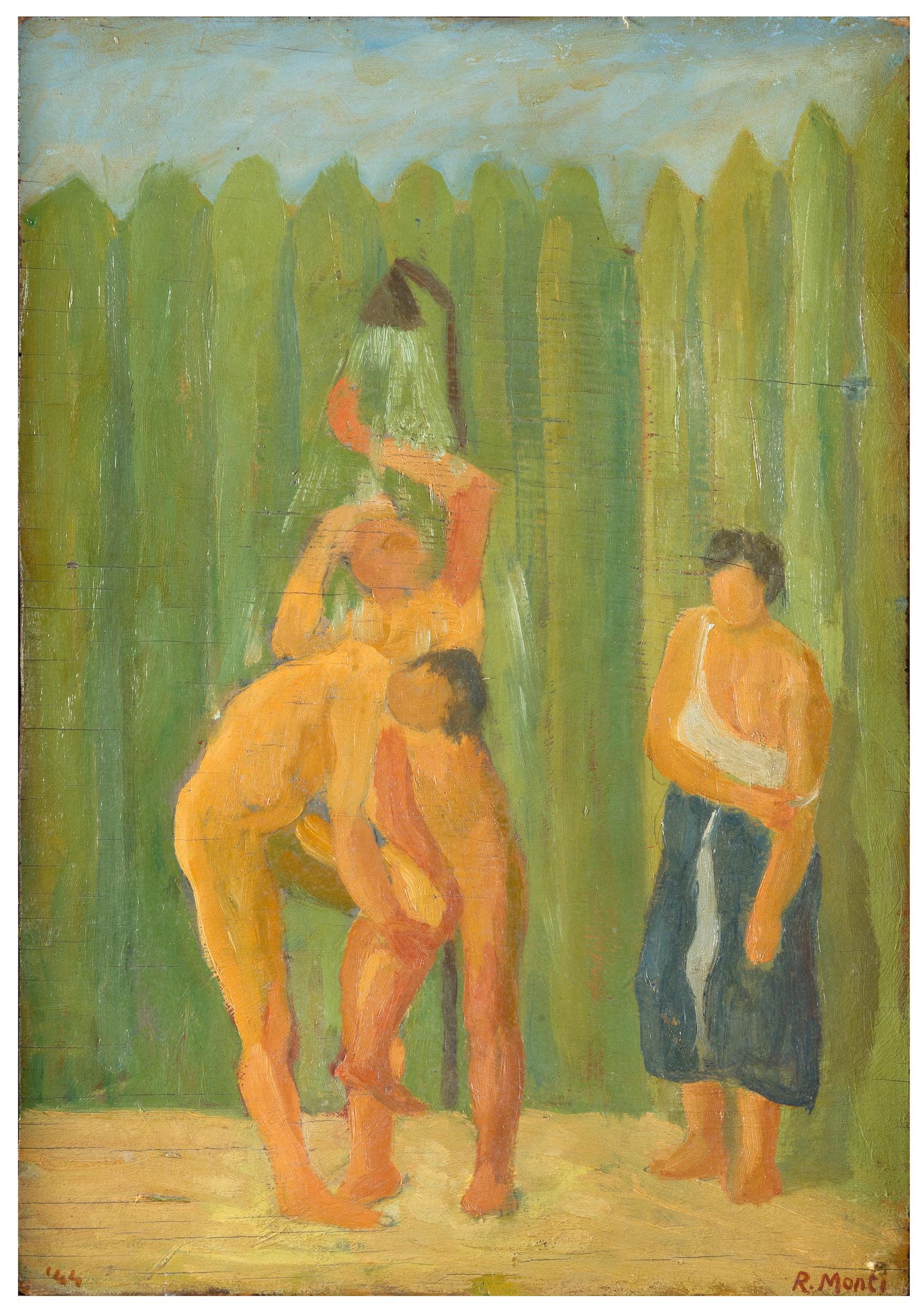 Rolando Monti Figurative Painting - La Doccia (The Shower) - Oil on Wooden Panel by R. Monti - 1944
