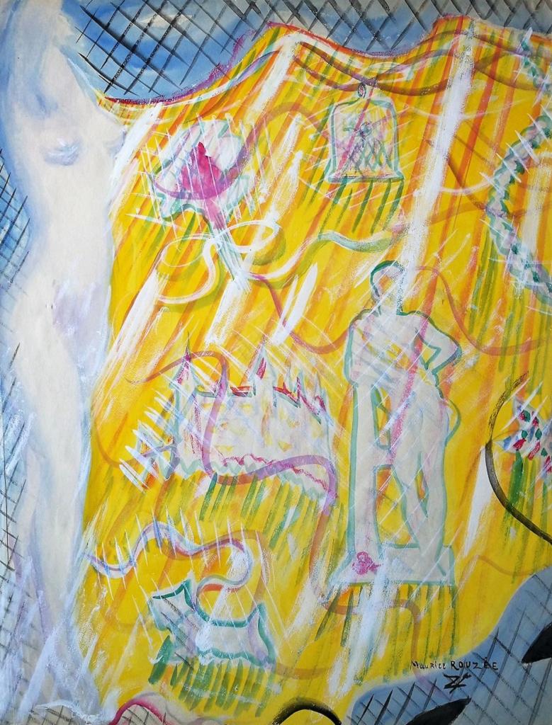 Maurice Rouzée Fantasia d'oro Tempera originale su carta di Maurice Rouzée Anni '40 in