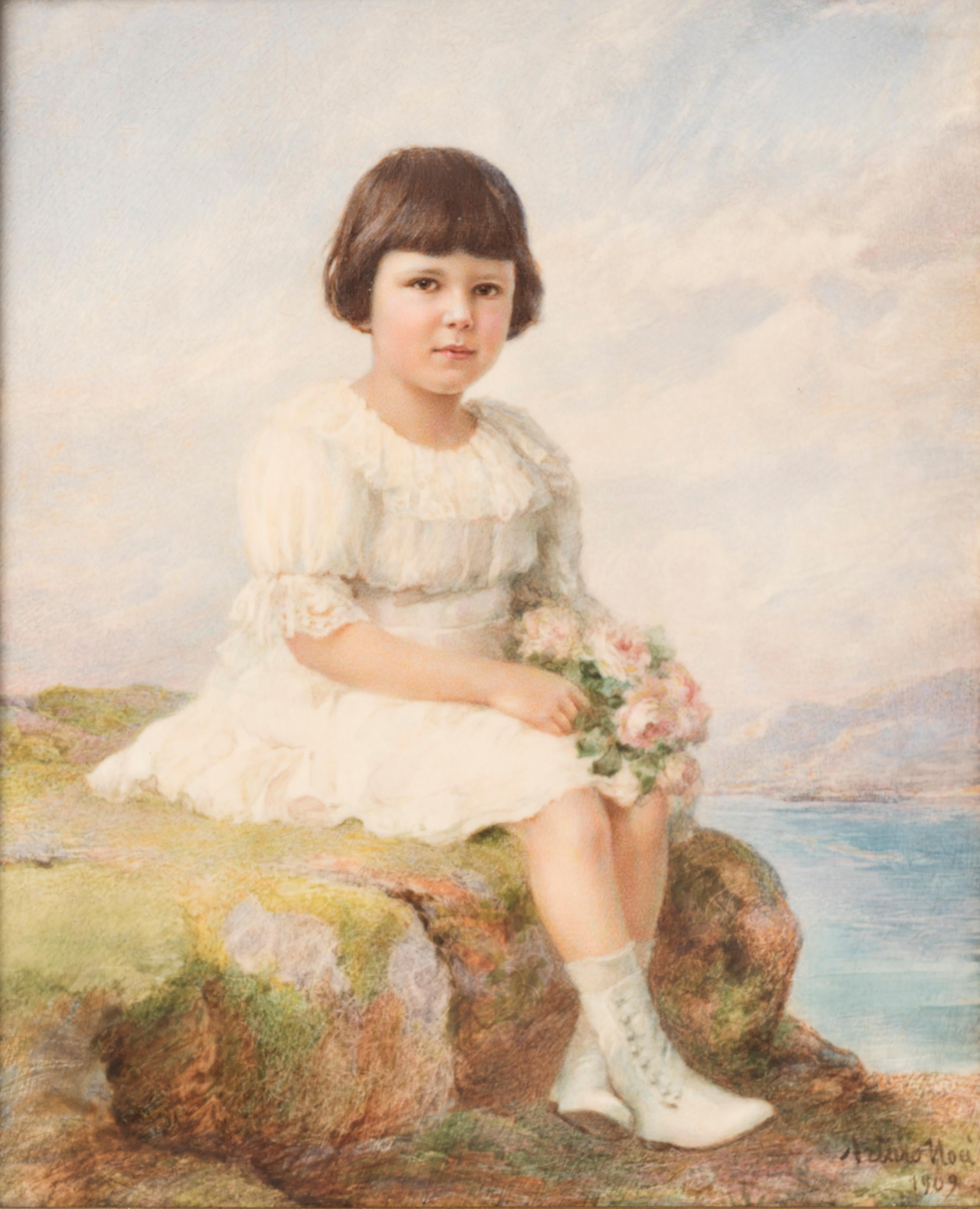 Arturo Noci Portrait Painting - Portrait of Child with Flowers in Hands - Original Miniature Painting by A. Noci