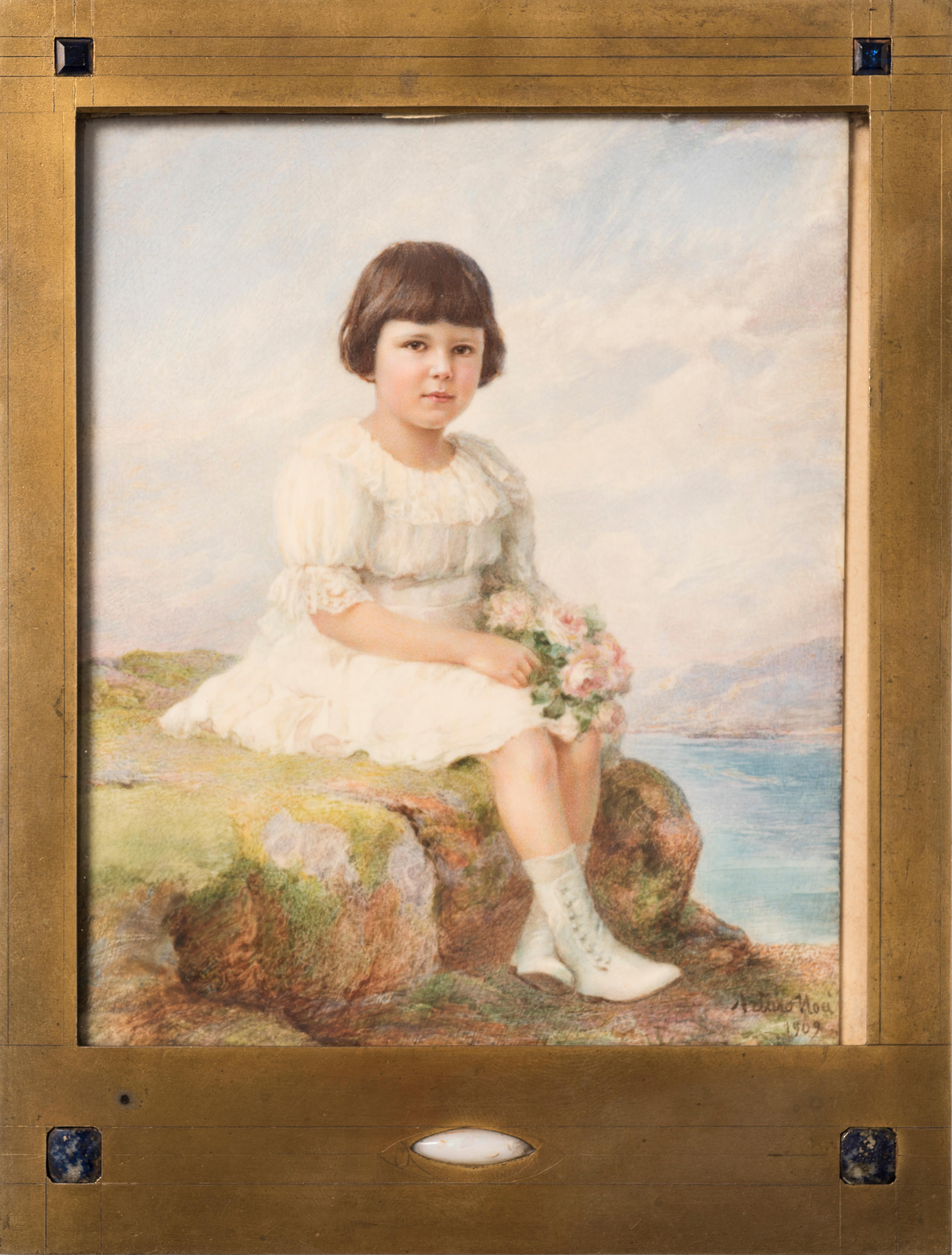 Portrait d'enfant avec des fleurs dans les mains - Peinture miniature originale d'un enfant par A. Noci - Beige Portrait Painting par Arturo Noci