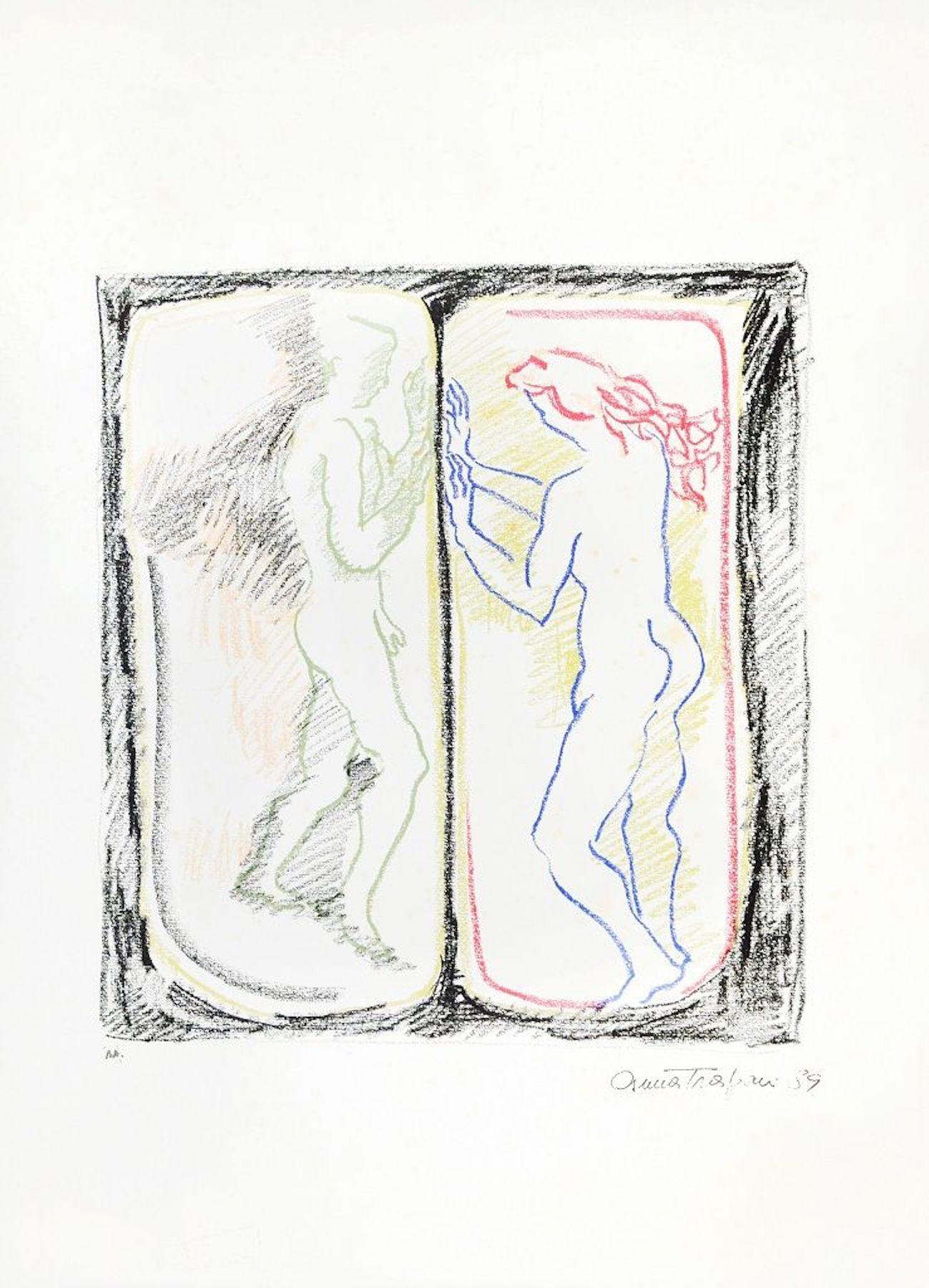 Corpi separati è una litografia originale a colori realizzata da Anna Trapani nel 1989.

Questa stampa originale è firmata a mano e datata a matita dall'artista in basso a destra. Prova d'artista.

Buone condizioni, ad eccezione di alcuni segni di