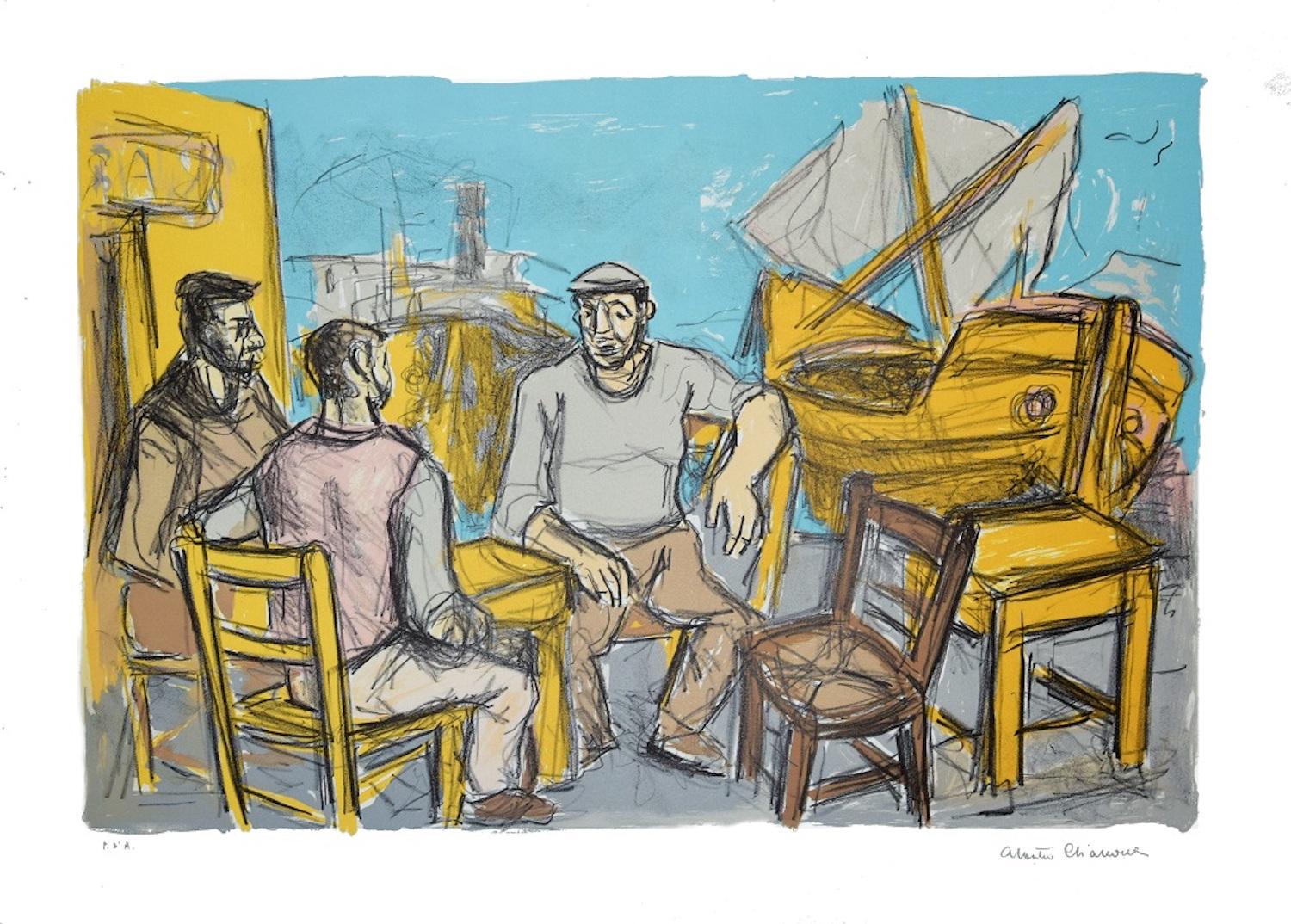 At The Harbor is an original colored lithograph realized by Alberto Chiancone during the 1970s.

The artwork is hand-signed in pencil by the artist on the lower right. Artist's proof (P.A. write in pencil on lower left). Original title: Al