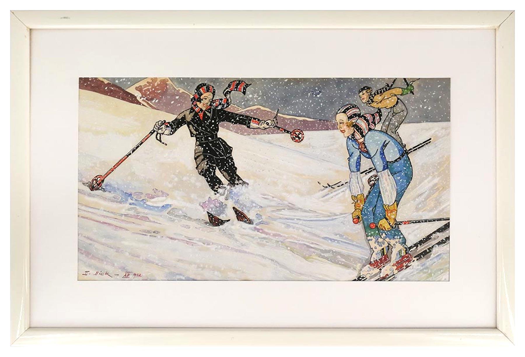 Skiers XII (December) - Original Tempera and Watercolor by Ernesto Dick - 1933