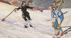 Skiers XII (December) - Original Tempera and Watercolor by Ernesto Dick - 1933