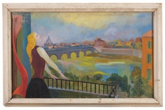 Vintage Woman on the Balcony - Original Tempera by N. Gasparri - 1950s
