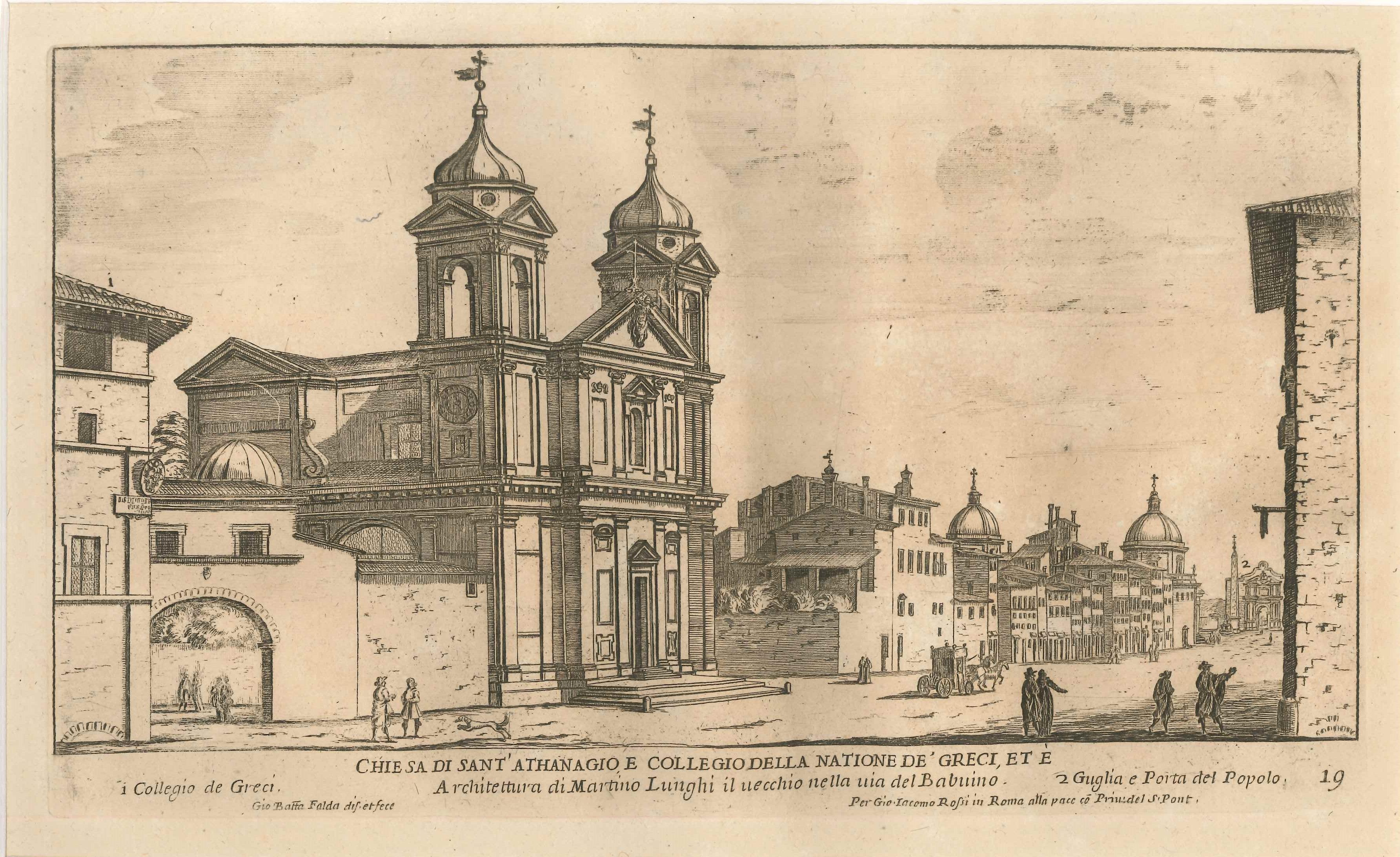 Figurative Print Giovan Battista Falda - Chiesa di Sant'Athanagio et Collegio della Natione de Greci  Gravure originale