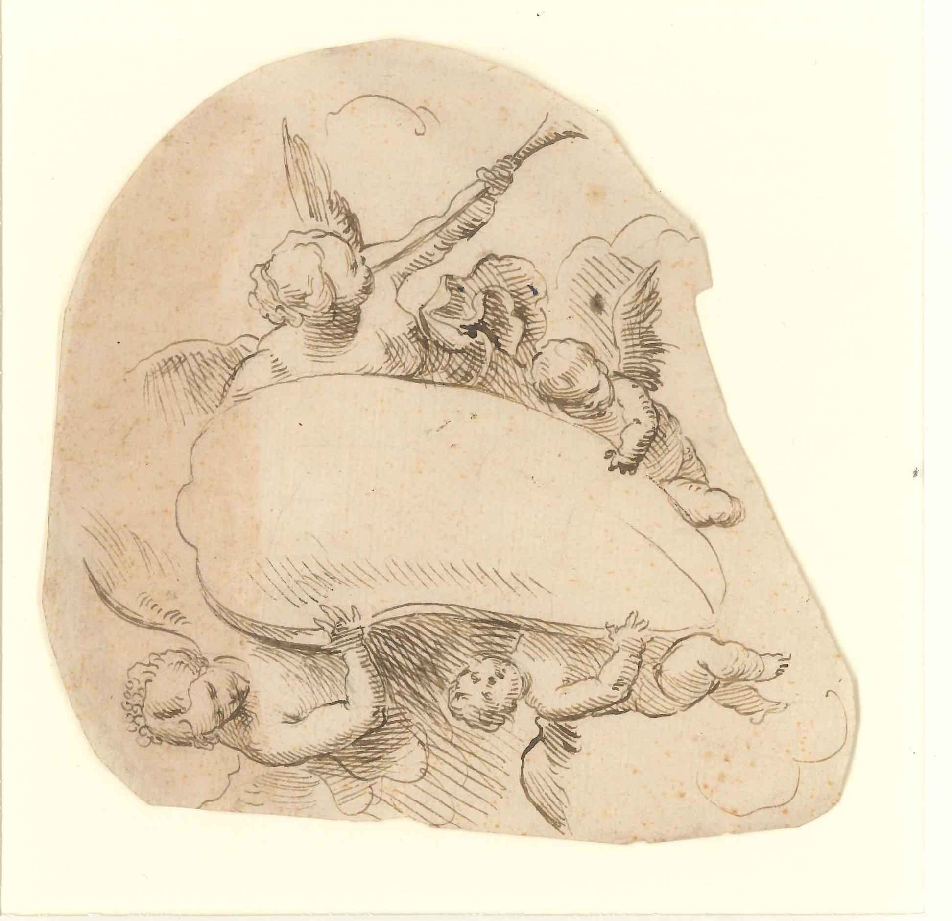 Unknown Figurative Art - Cupids - Original China Ink Drawing - 18th Century