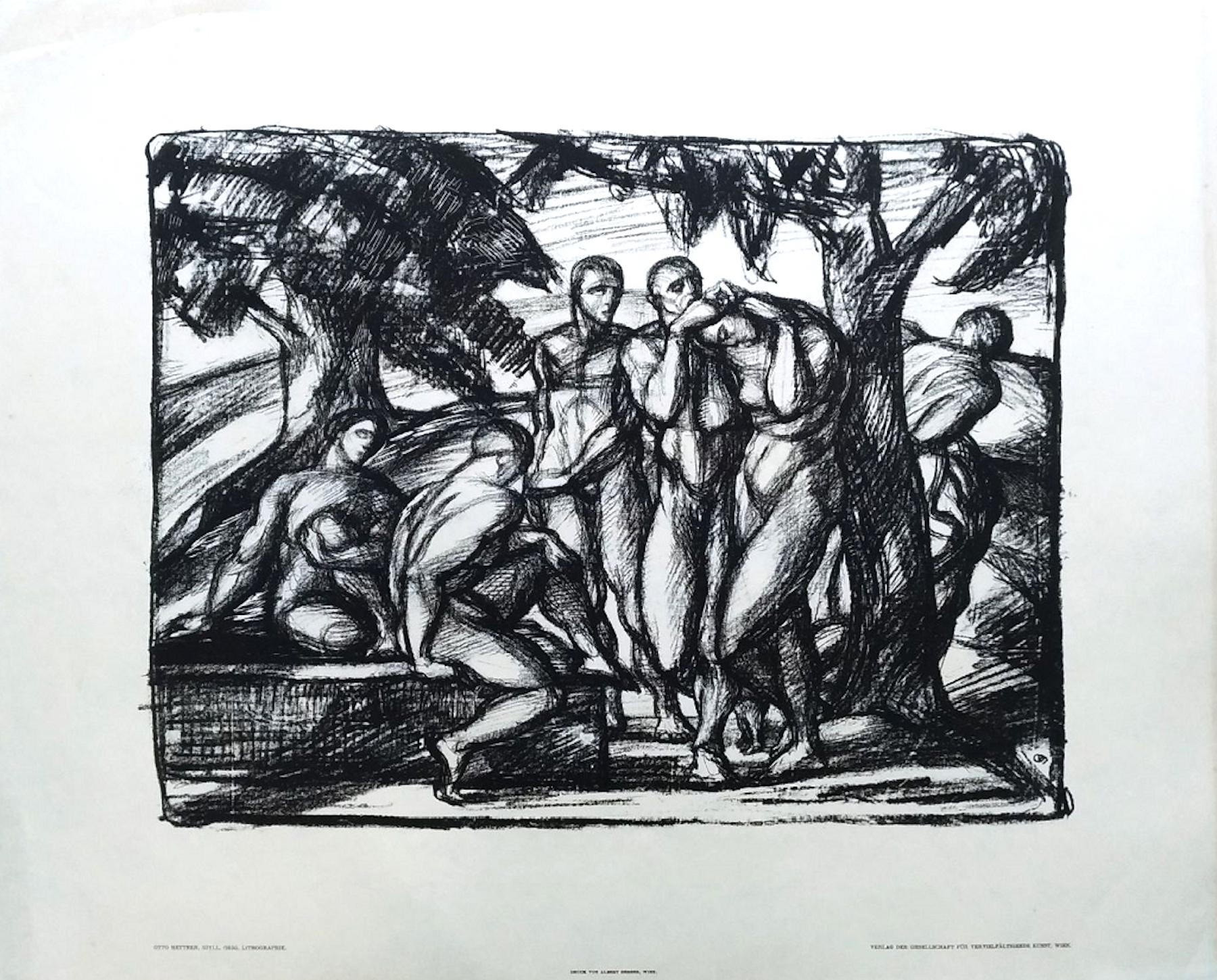 Idyll is an original lithograph realized by Otto Hettner in 1917. The monogram is present on plate on the lower right margin. Published by Paul Cassirer. The lithograph is part of a portfolio including five graphic works realized by different