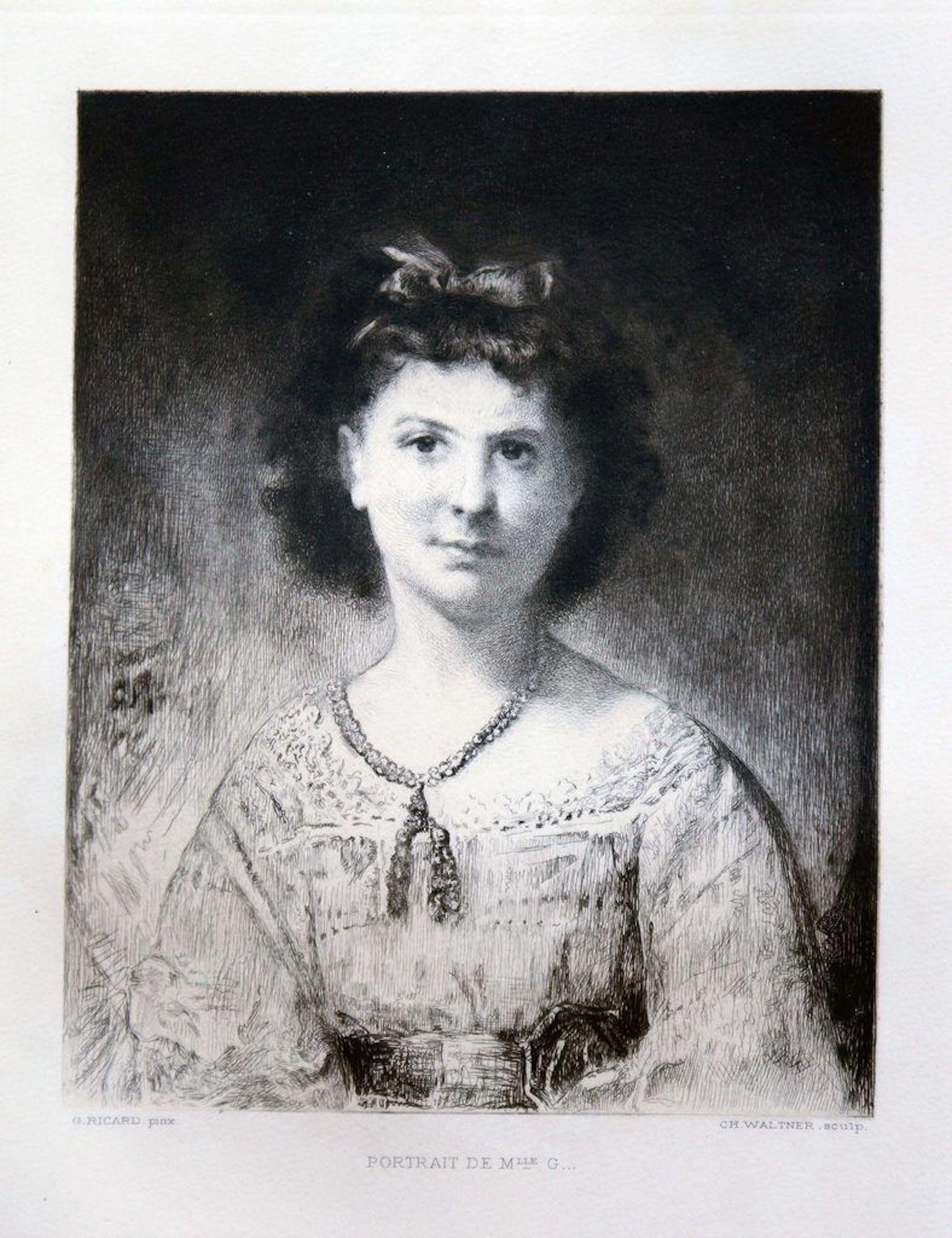 Louis-Gustave Ricard Portrait Print - Portrait de M.lle G.... - Original Etching After L.-G. Ricard by C. Waltner 