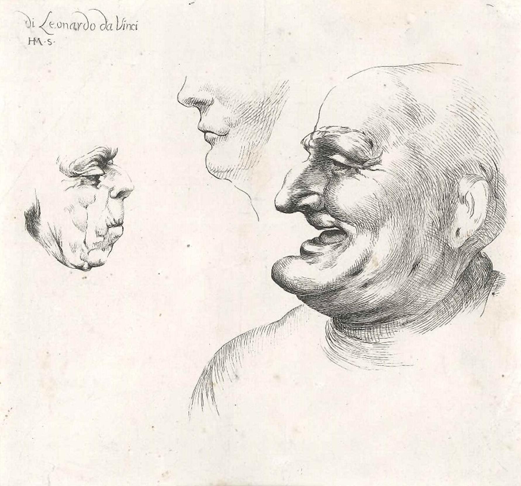 Unknown Figurative Print - Three Grotesque Heads After Leonardo da Vinci - Late 17th Century