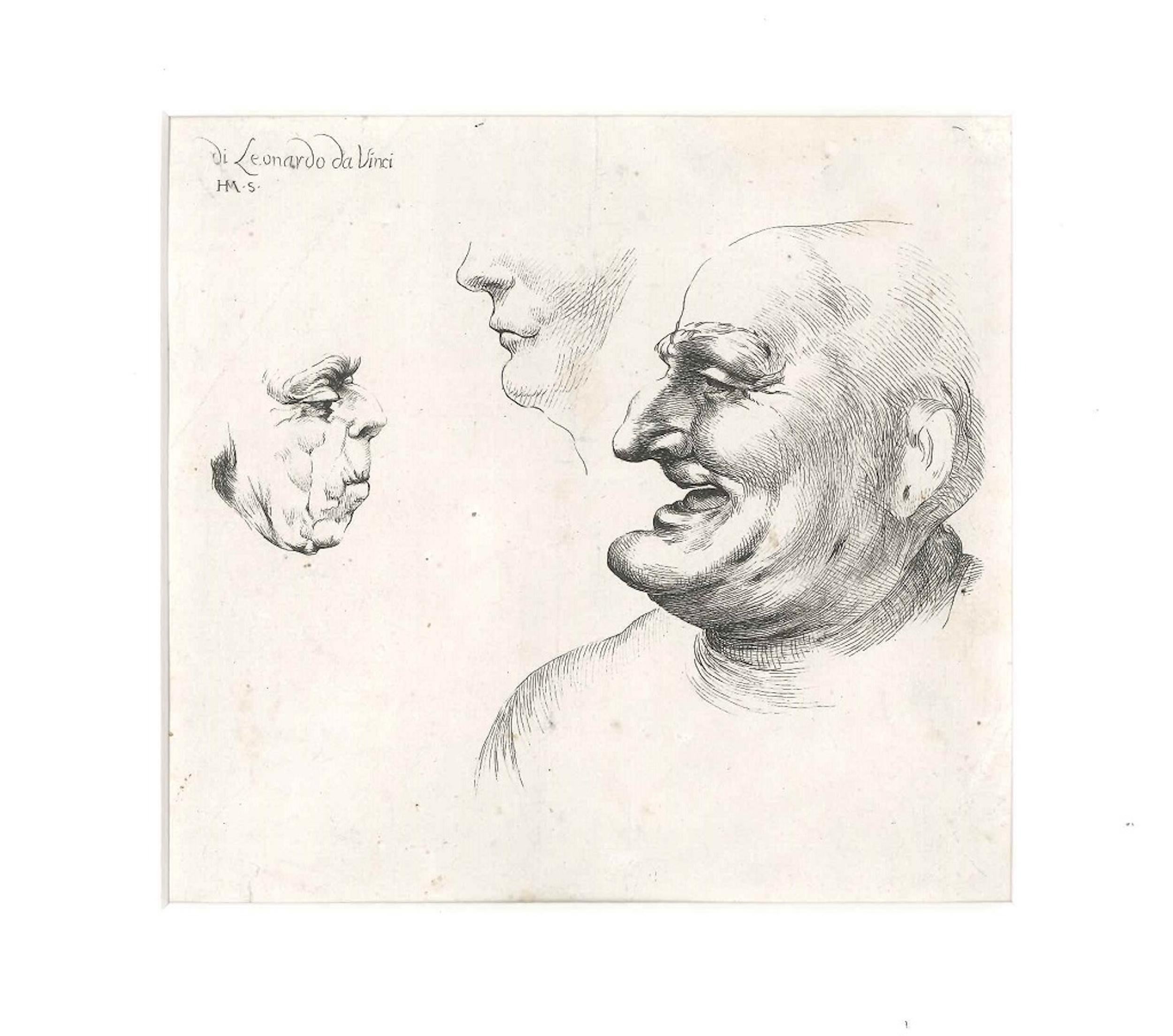 Three Grotesque Heads After Leonardo da Vinci - Late 17th Century - Print by Unknown