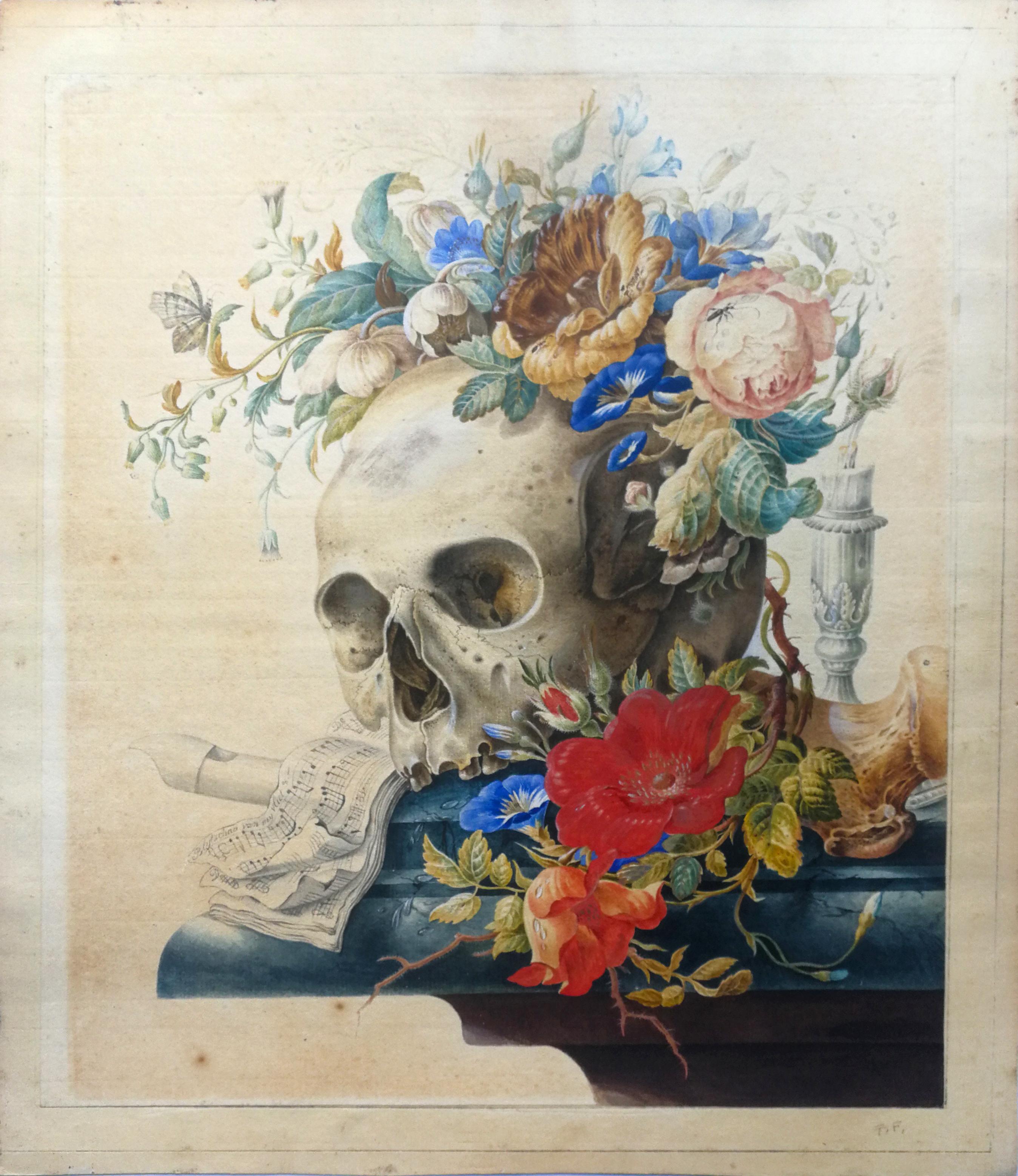 Vanitas Still Life est une détrempe et une aquarelle originales réalisées à la fin du 18e siècle, probablement par Cornelis van Spaendonck (un peintre néerlandais de natures mortes), à qui l'œuvre est attribuée, d'après un dessin du maître antérieur