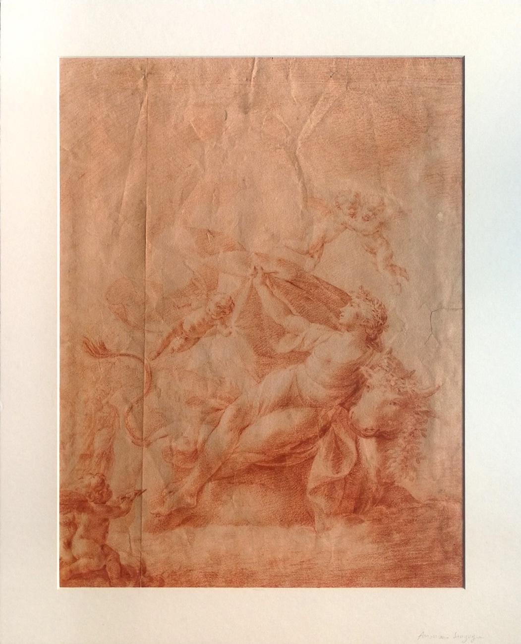 Unknown Figurative Art - The Abduction Of Europe - Original Drawing on paper in red chalk 