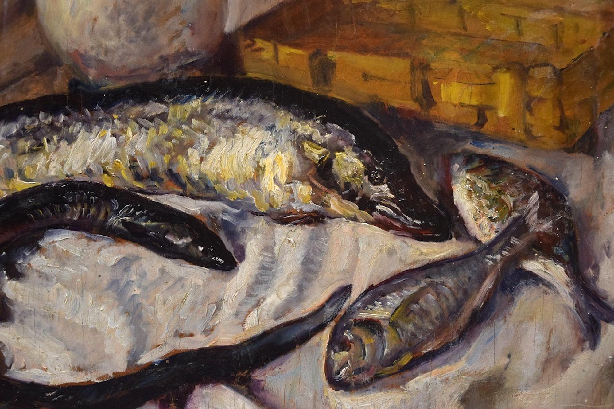 Still Life with Fishes - Oil on Wood Panel  - Painting by Unknown