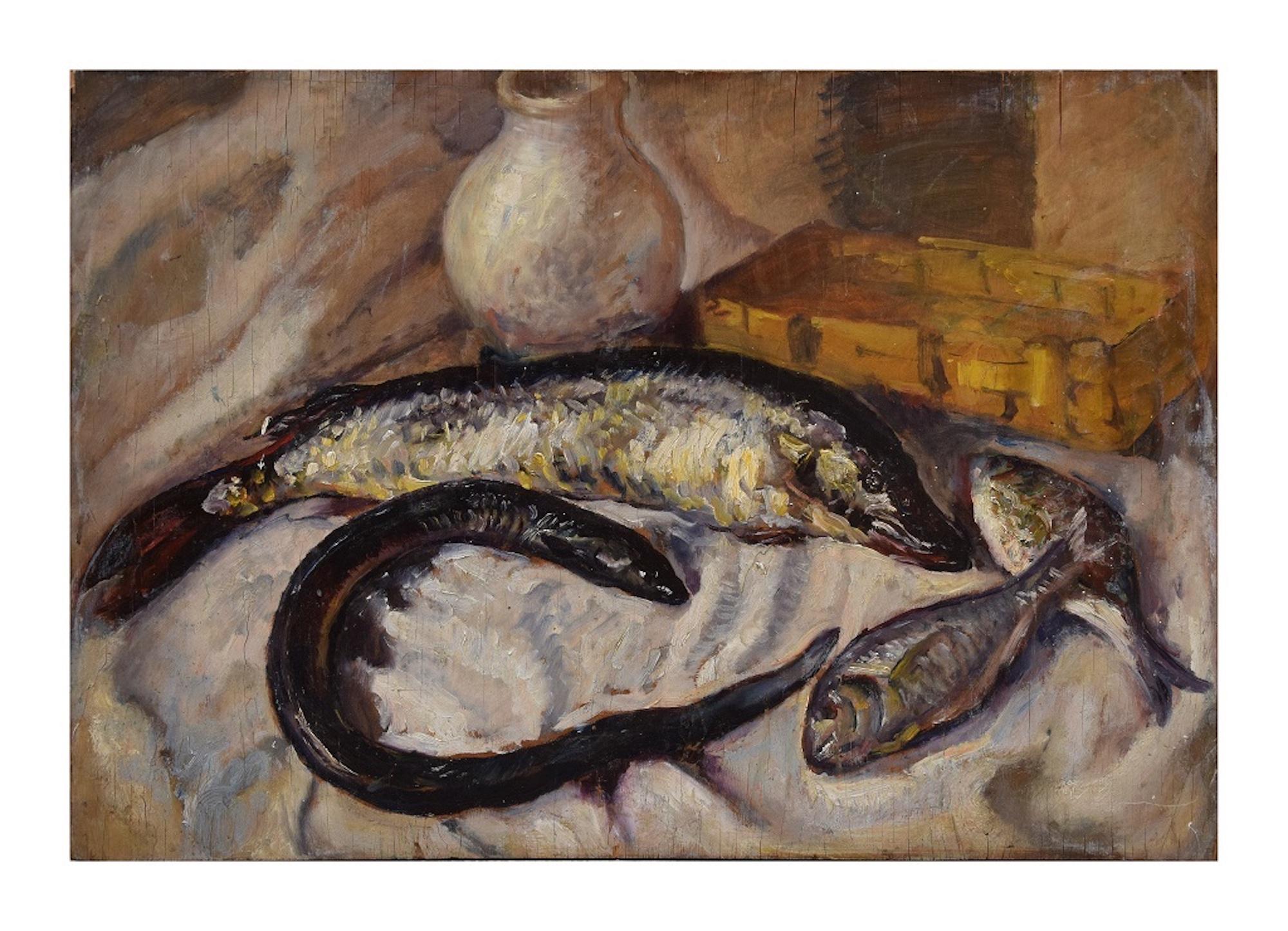 Still-Life Painting Unknown - Nature morte avec poissons - Huile sur panneau de bois 