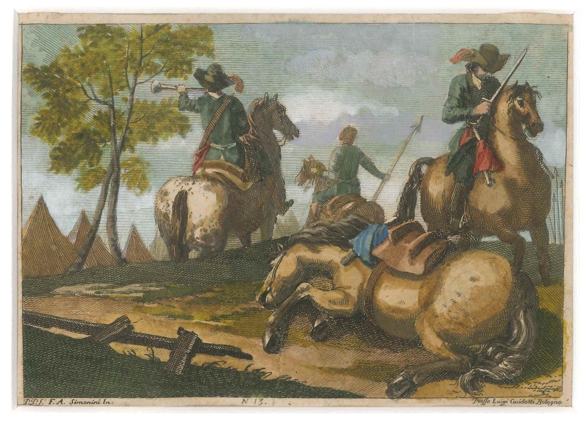 Battle Scene - Original Etching Hand Watercolored After Antonio Simonini - 1760