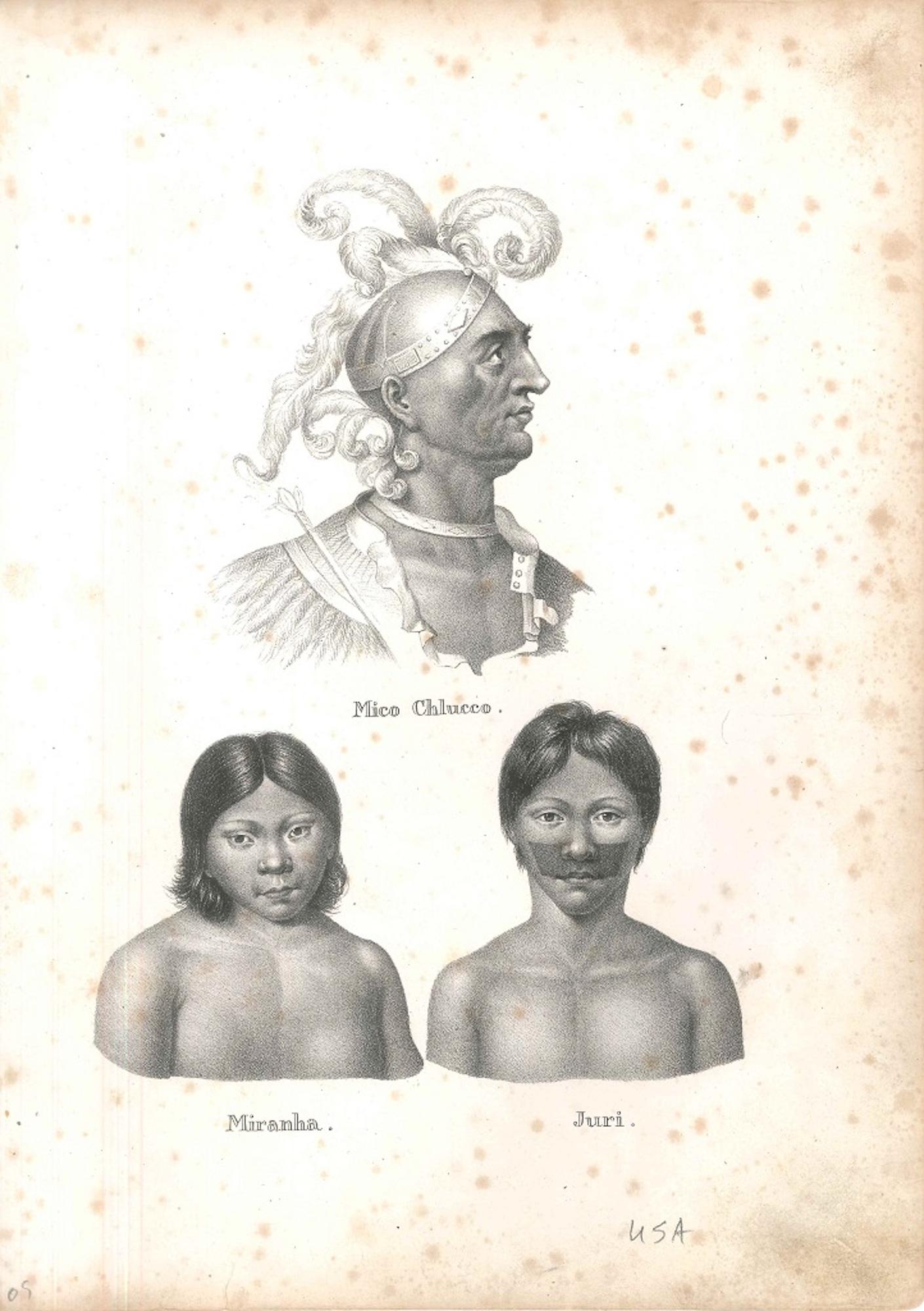 Unknown Figurative Print - Mico Chlucco, Miranha, Juri - Original Lithograph 1827 ca.