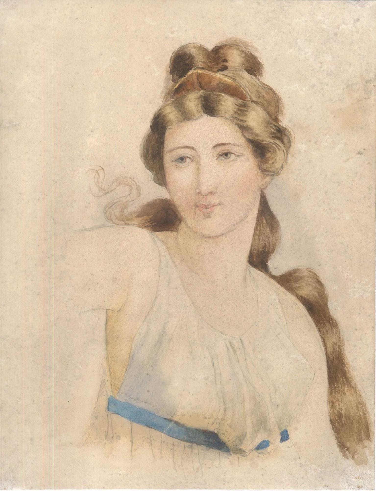 Unknown Portrait - Smiling Woman - Pencil and Watercolor Drawing on Paper - 18th century