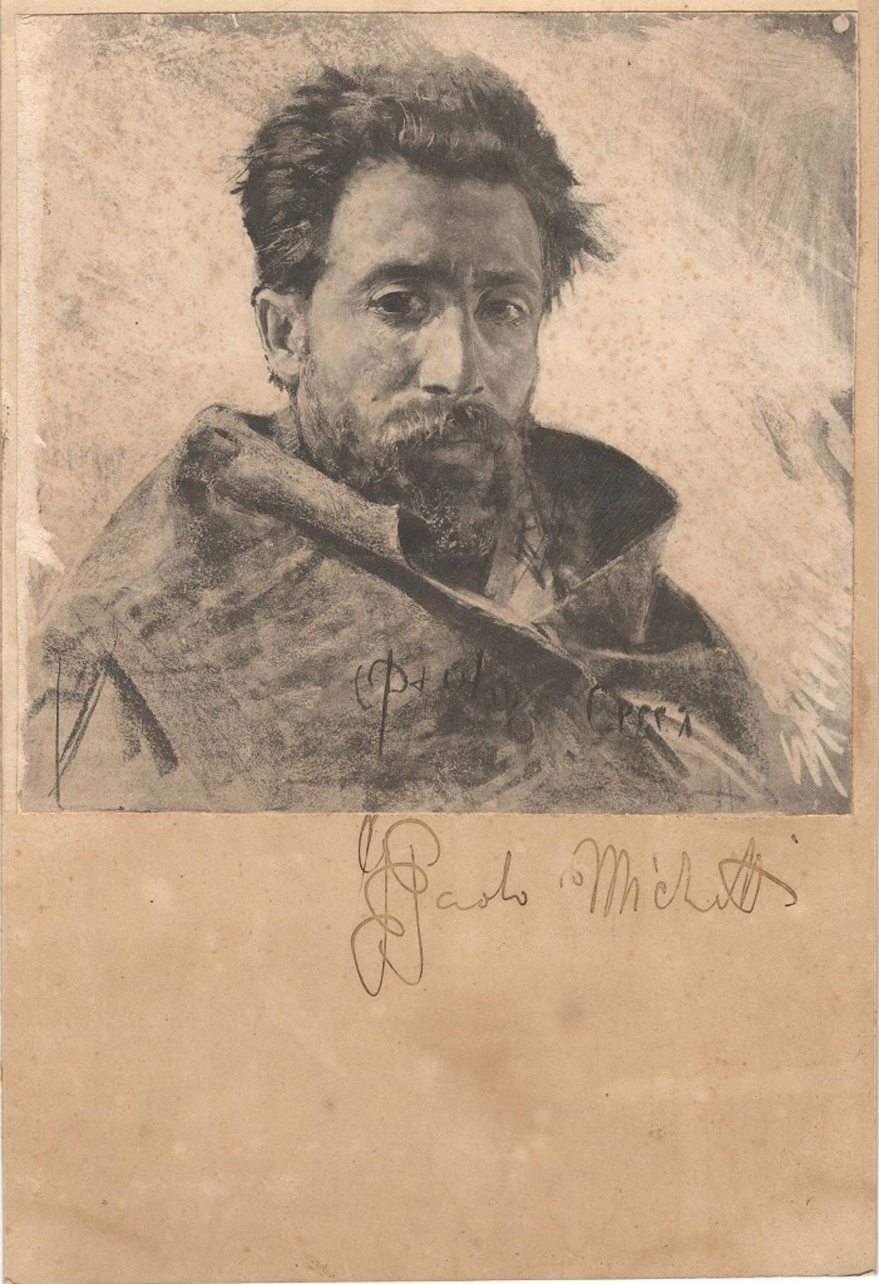 Francesco Paolo Michetti Figurative Art - Portrait of Man - Original Pencil and Charcoal Drawing by F.P. Michetti - 1890s