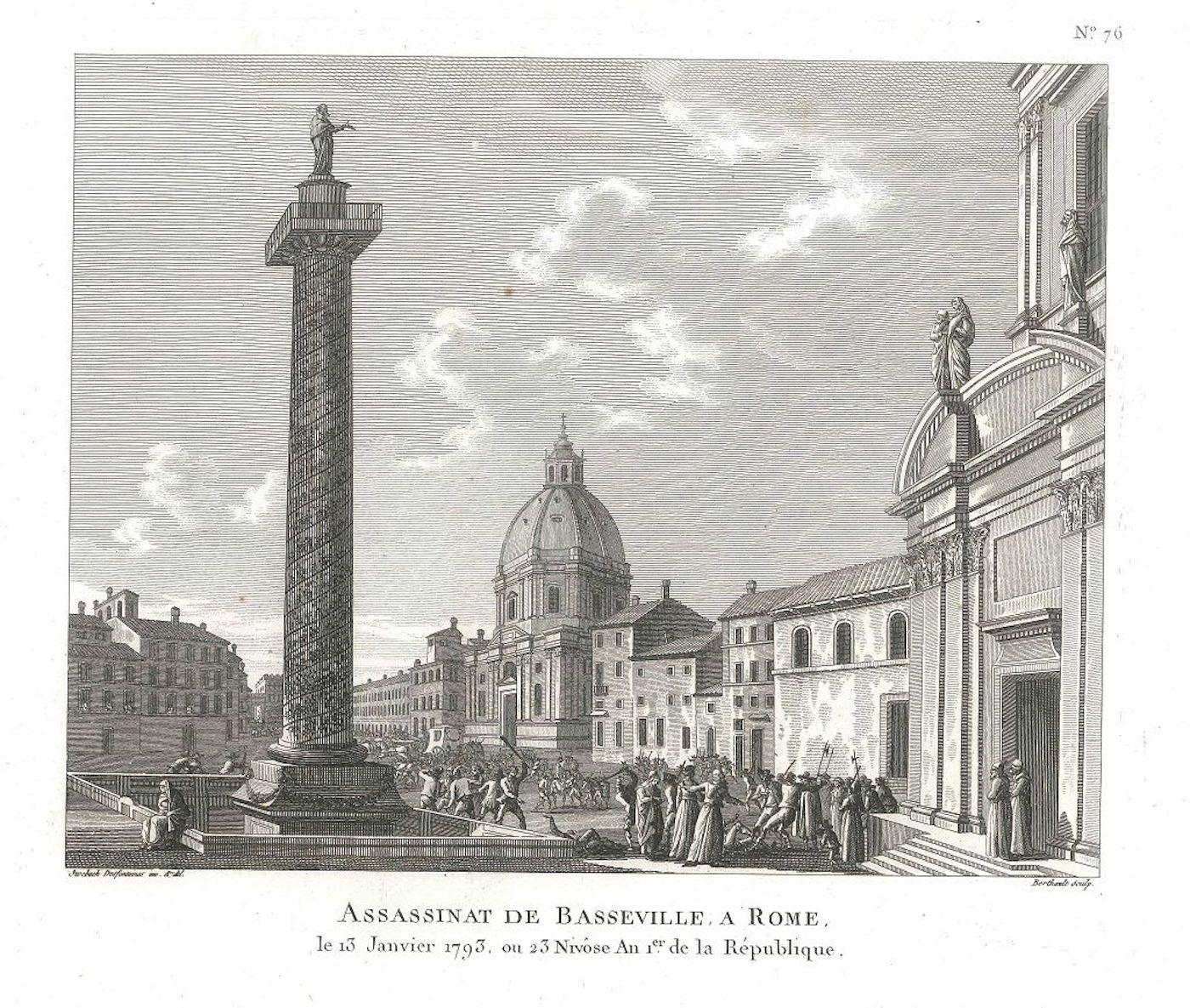 Assassinat de Basseville Rome - Gravure originale de P.G. Berthault - 1793