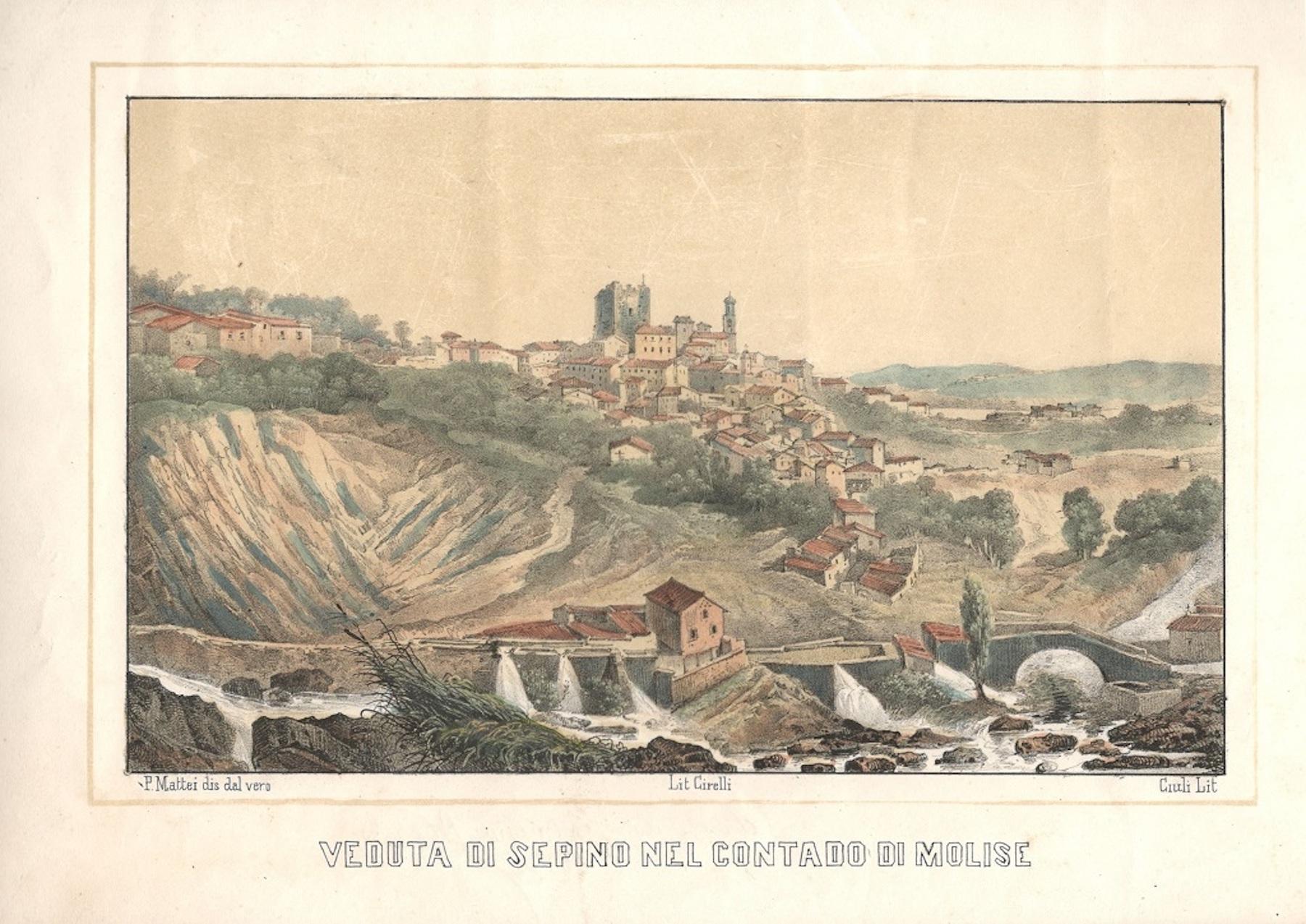 Filippo Cirelli Landscape Print – View of Sepino – Originallithographie von F- Cirelli – Mitte des 19. Jahrhunderts