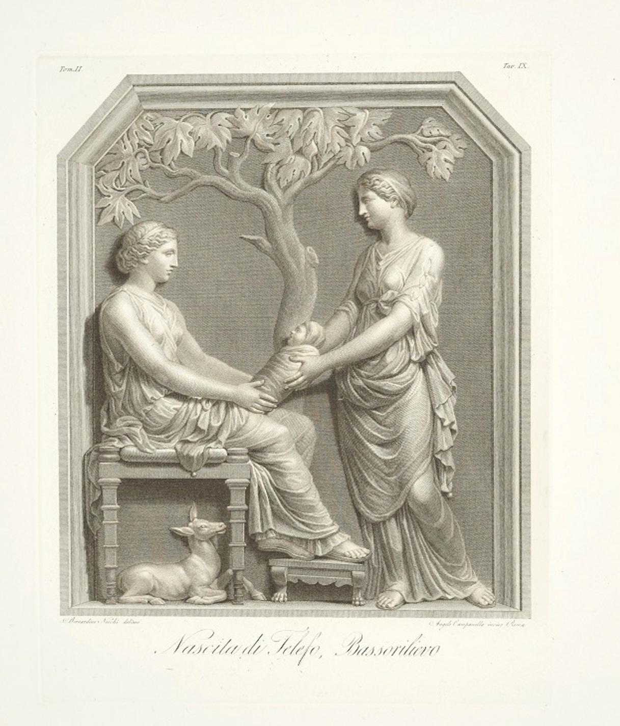 Figurative Print Angelo Campanella - Birth of Telefon, on a Bas-Relief - Eau-forte originale d'A. Campanella 