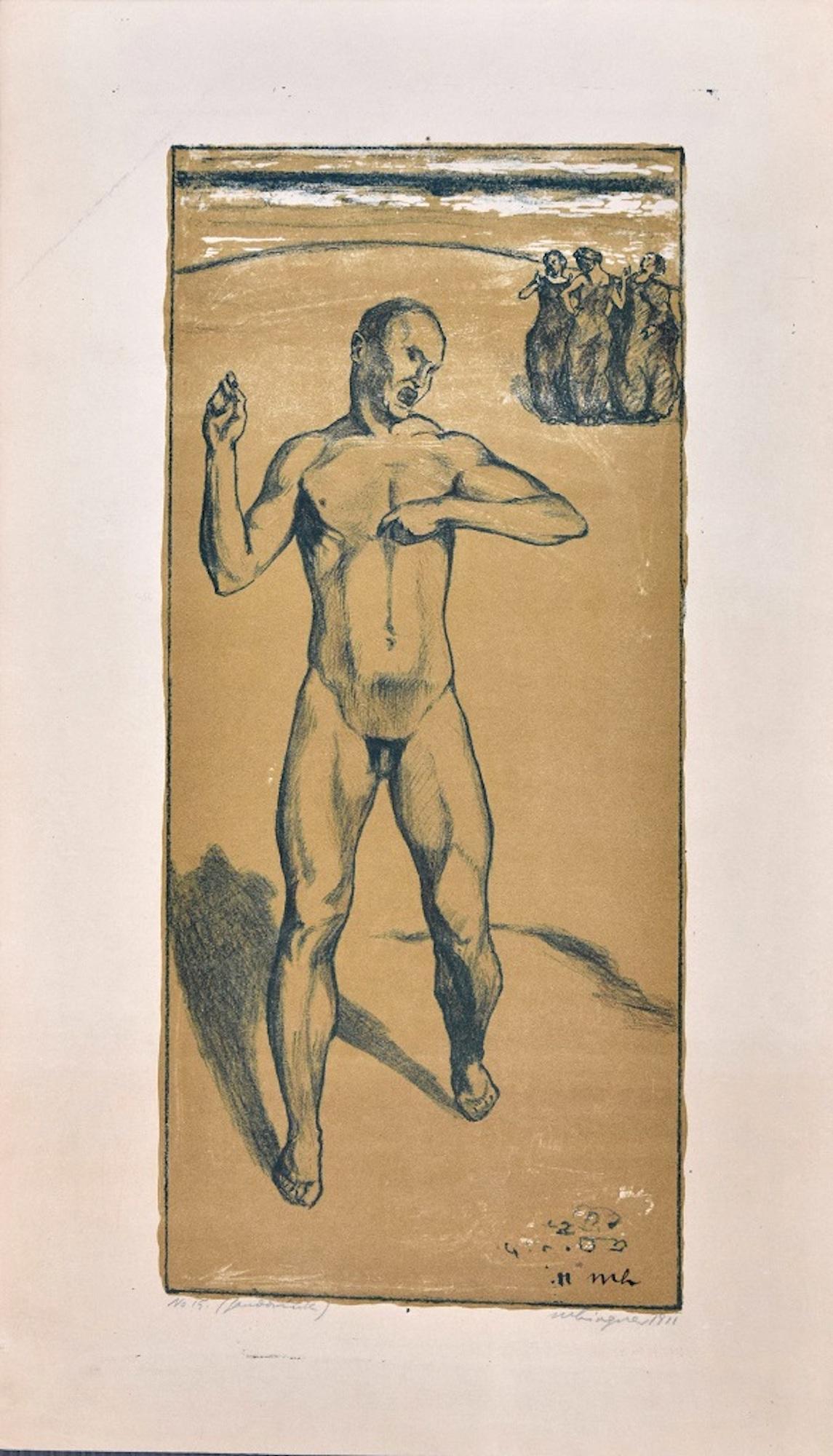 Nude of a Man - Original Hand Colored Lithograph by Max Lingner