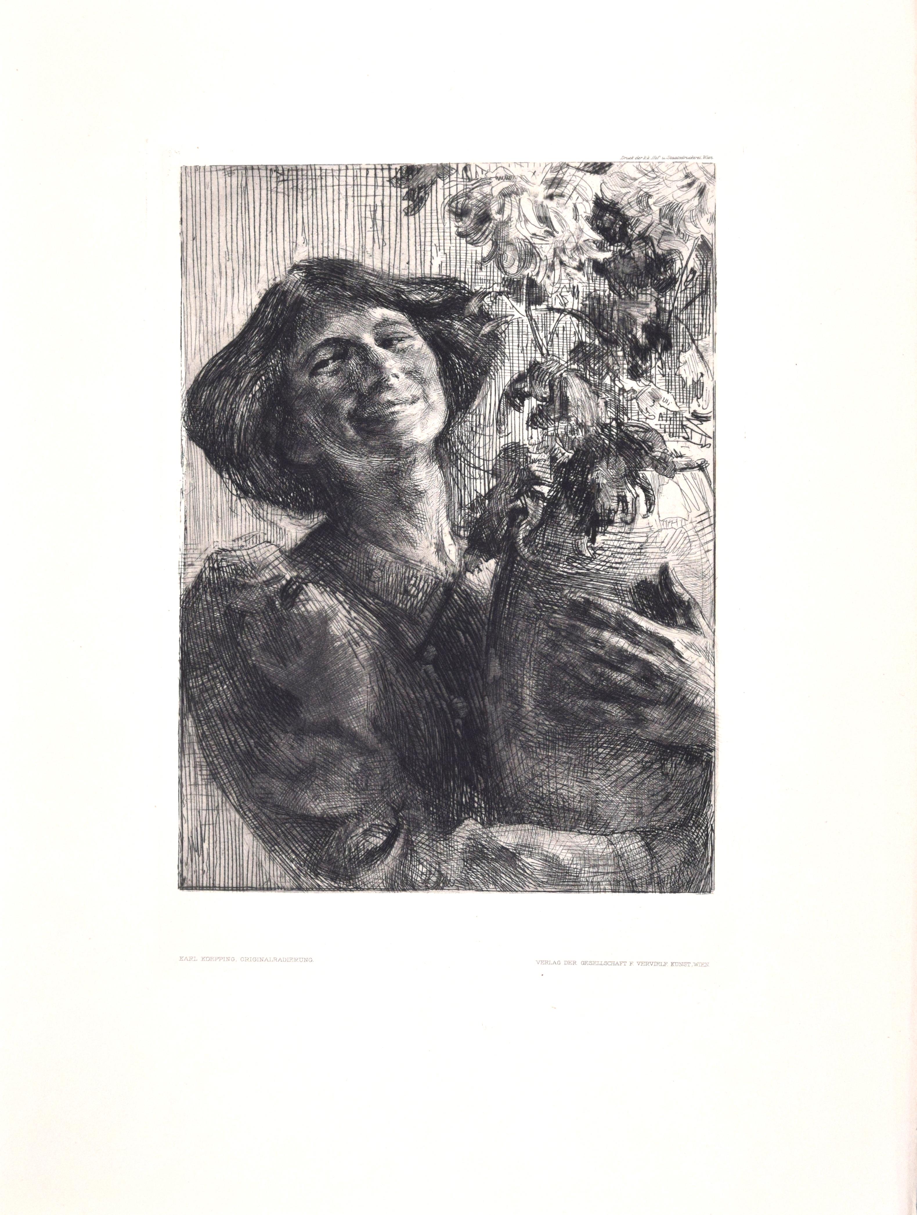 Junge Frau mit Blumenvase - Original Etching by Karl Koepping - 1910