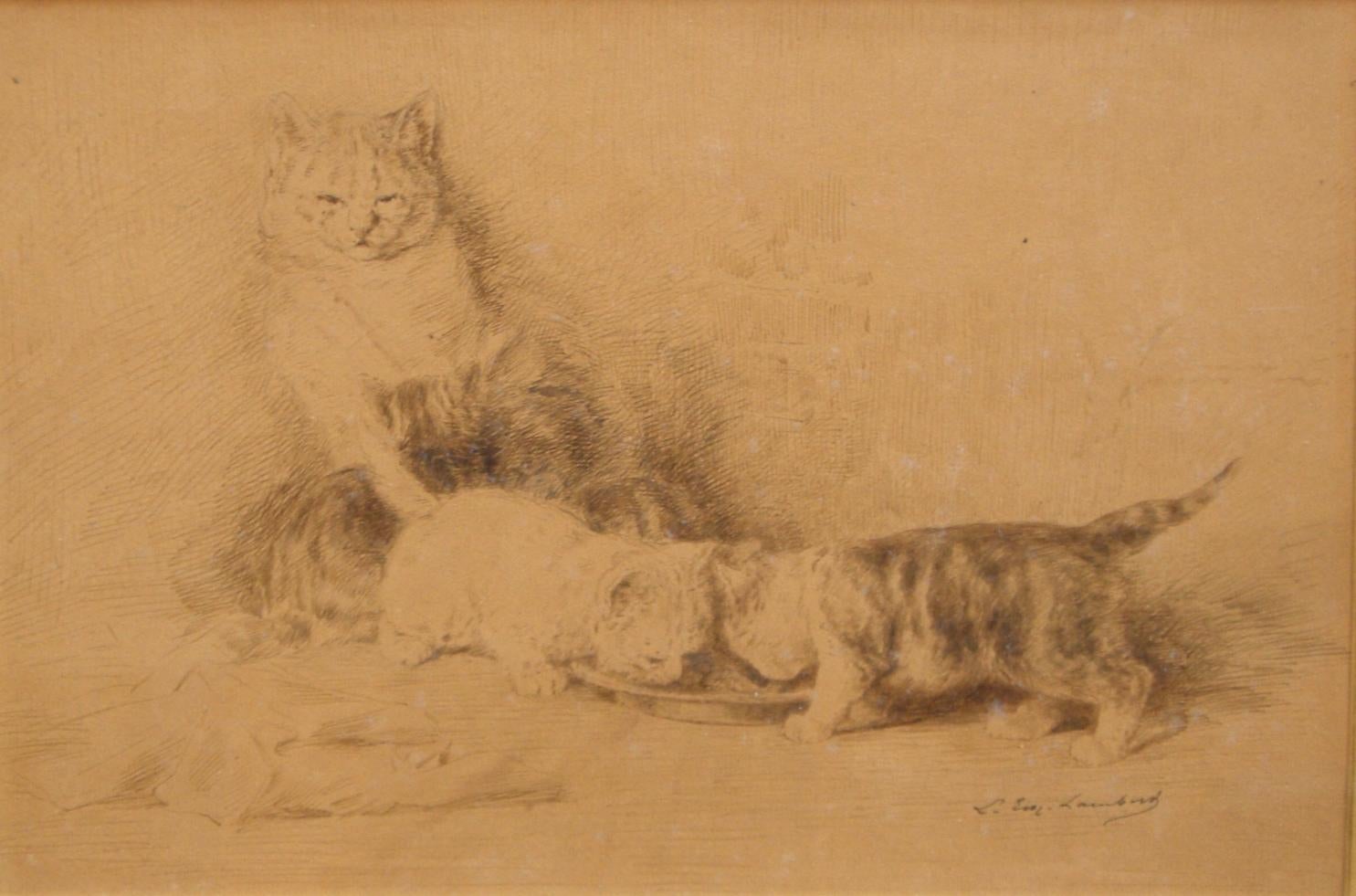 Three Little Cats -  China Ink Drawing by L.-E- Lambert - 1890 ca.