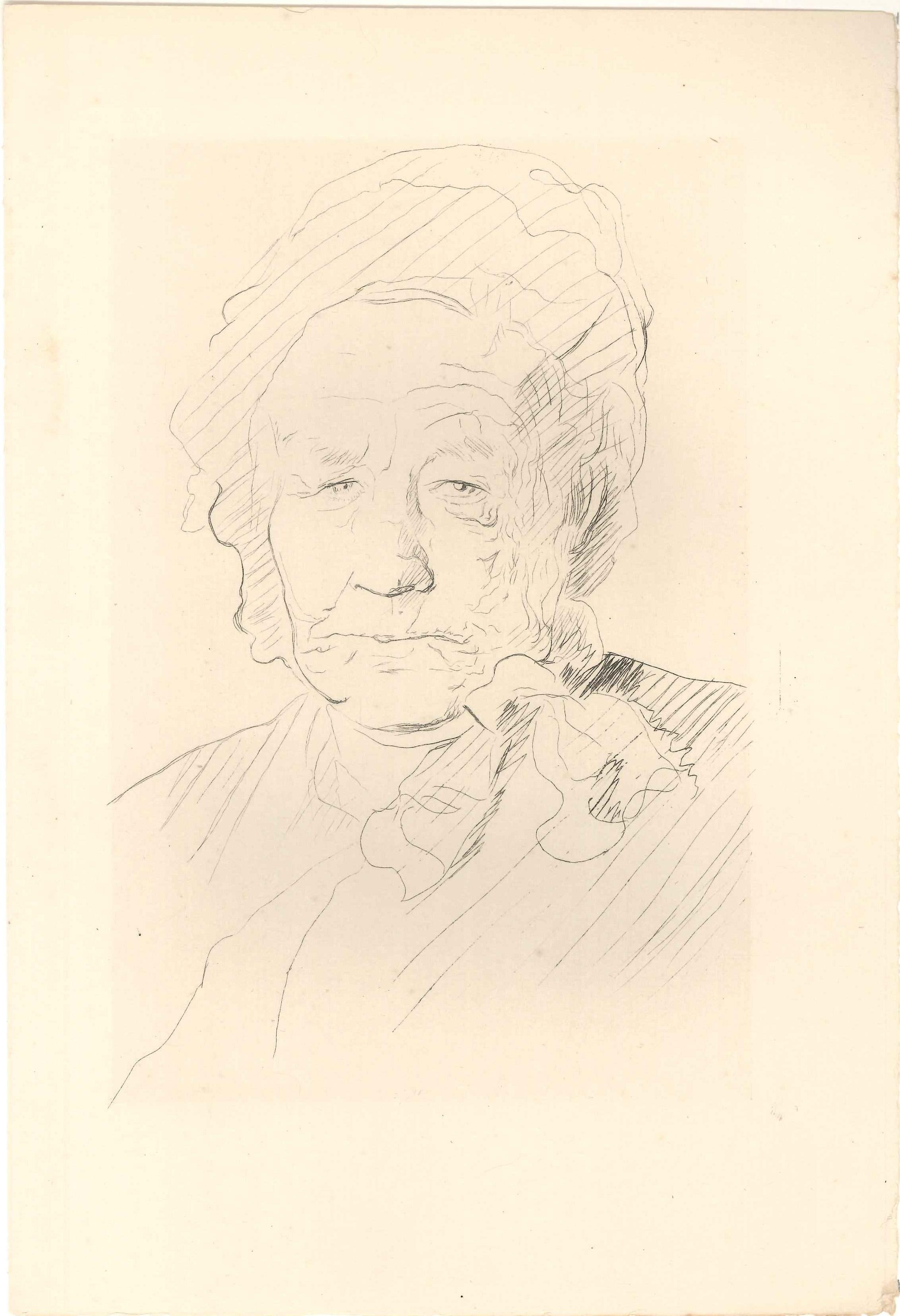 Jeanne Bardey Portrait Print - Tête de Femme Agée - Original Etching and Drypoint by J- Bardey - 1913