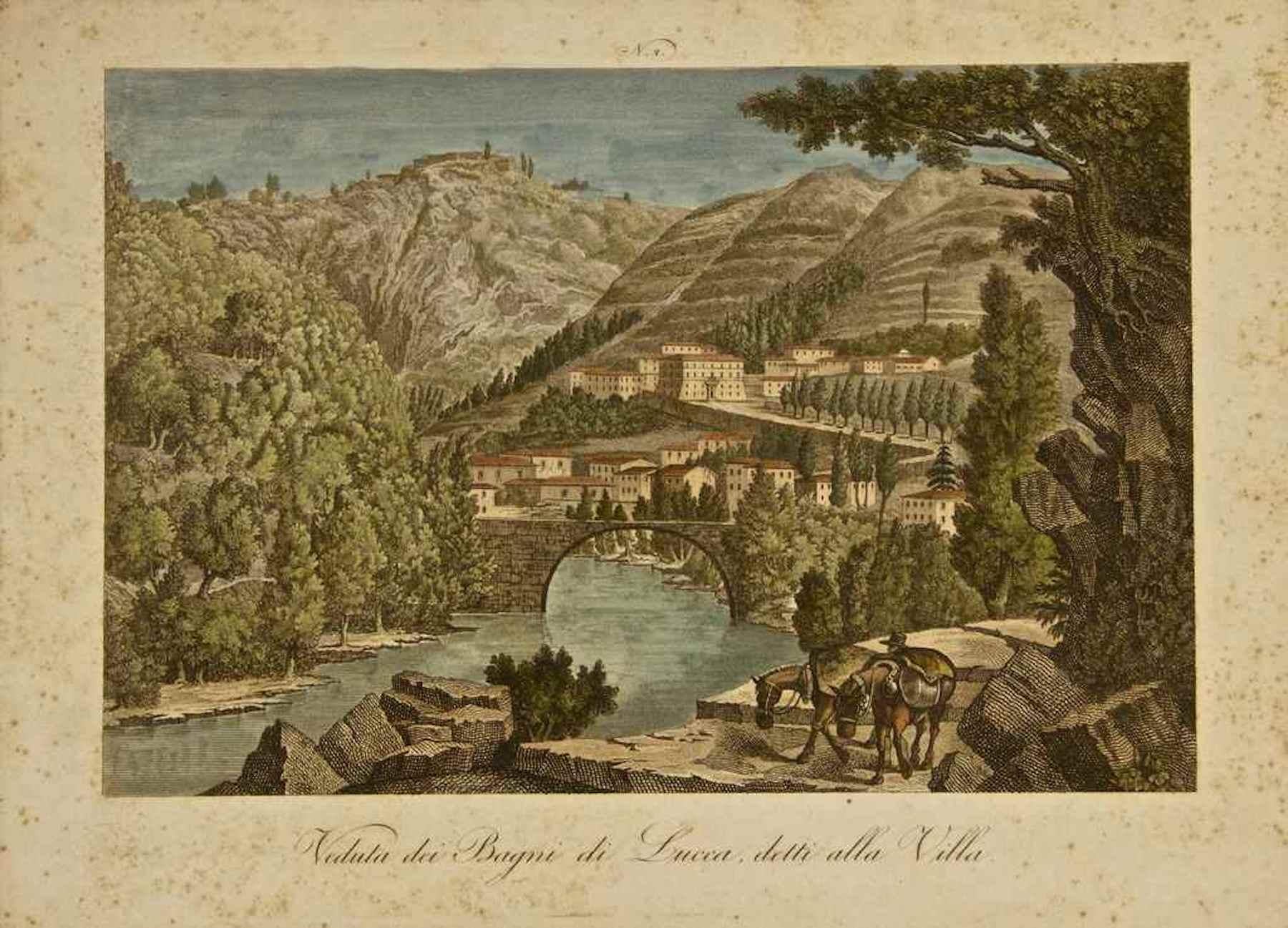 Attilio Zuccagni-Orlandini Landscape Print - Ancient View of Bagni di Lucca - Original Etching by A. Zuccagni-Orlandini- 1845