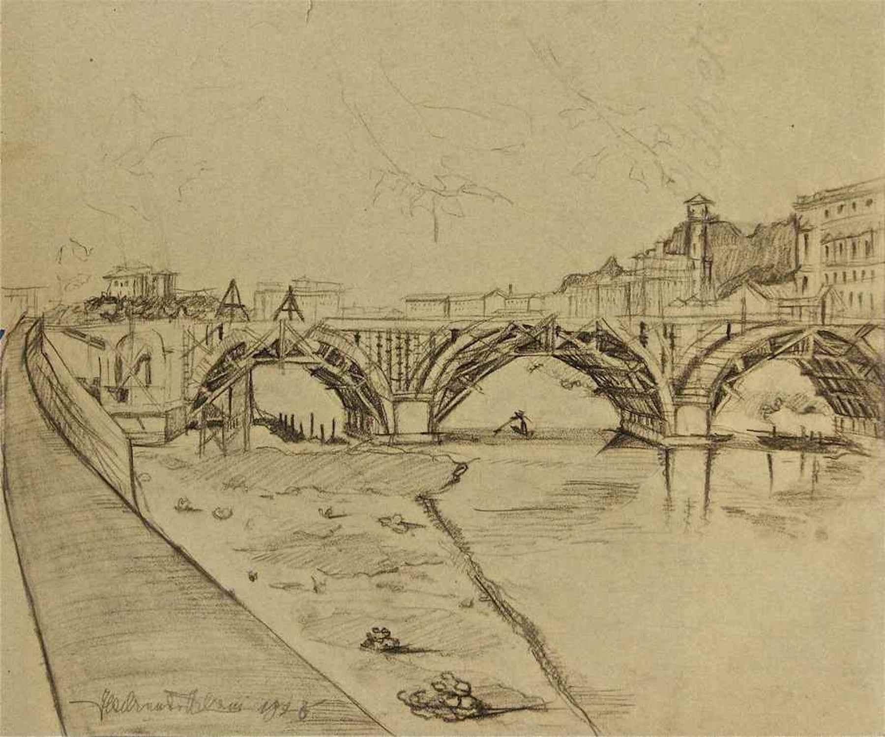 Ildebrando Urbani Figurative Art - View of Ponte Duca D'Aosta (Rome) Under Construction - Original Drawing