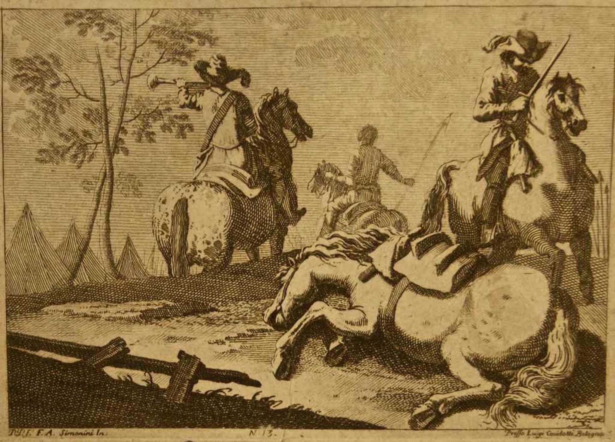 Francesco Simonini Figurative Print - Landscape - Soldiers on Horseback - Original Etching by F. Simonini - 1720 ca.