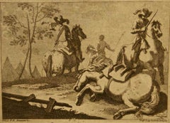 Paysage - Soldats à cheval - Gravure originale de F. Simonini - 1720 environ