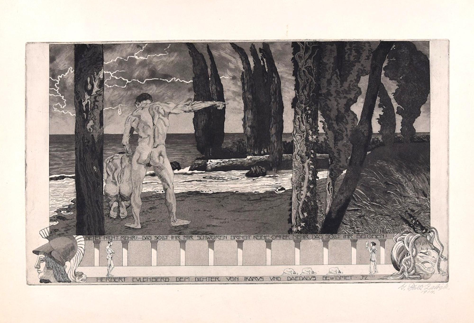 Ikarus und Daedalus est une belle eau-forte et aquatinte sur papier ivoire réalisée en 1914 par l'artiste expressionniste allemand Fritz Zalisz (Gera 1893 - Holzhausen 1971).

Signature et date au crayon dans la marge inférieure droite.
Dans la