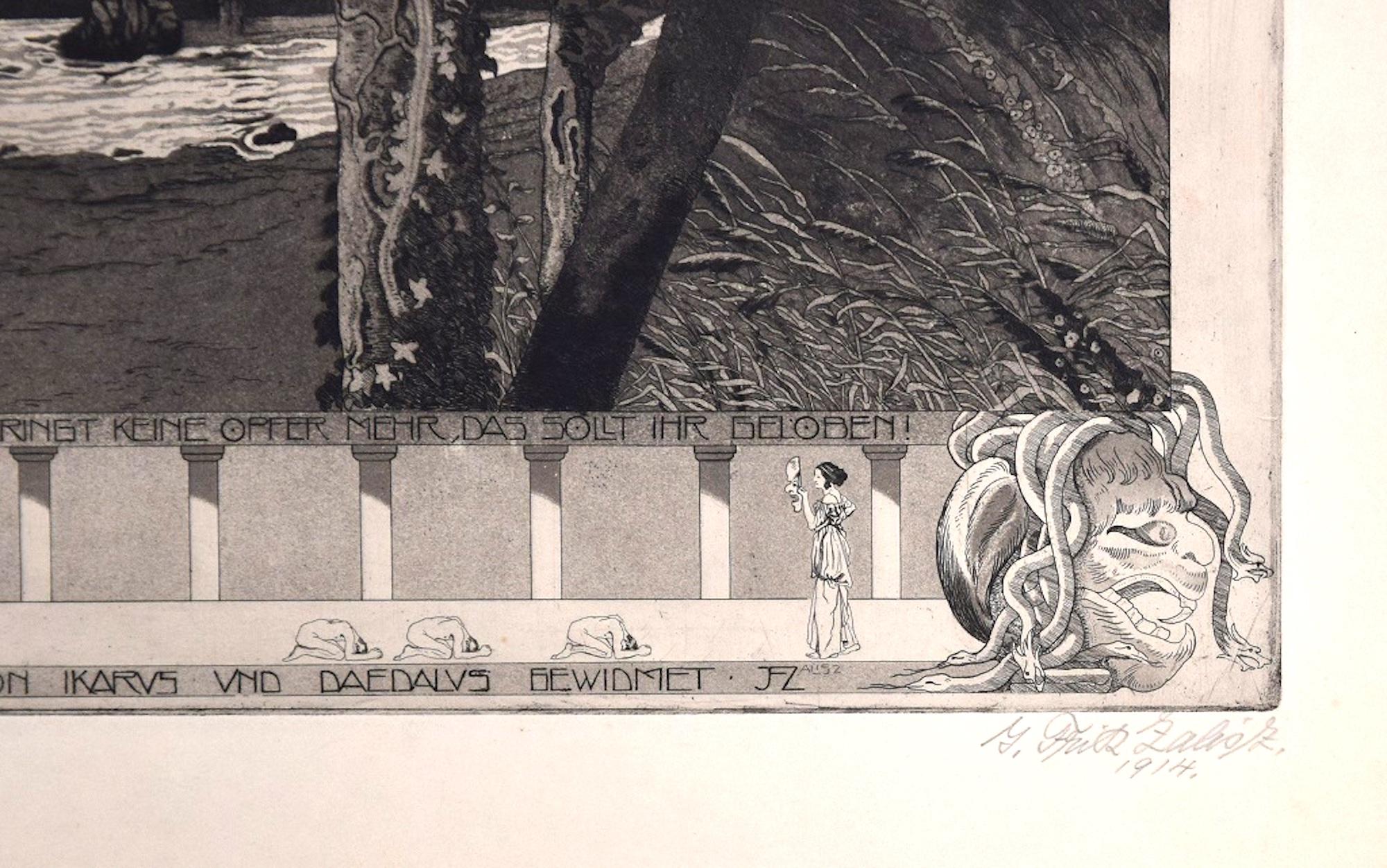 Ikarus et Dédale -  Gravure de Fritz Zalisz - 1914 en vente 1