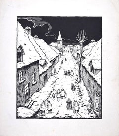 Vintage Nocturnal Village - Original Screen Print by Lucie Navier