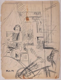 Interior Scene Sketch - Original Charcoal Drawing by J. Dreyfus-Stern