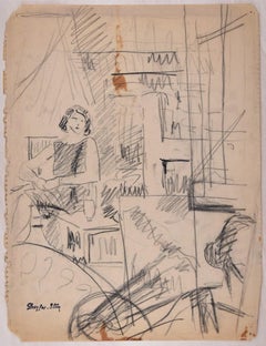 Interior Scene Sketch - Original Charcoal Drawing by J. Dreyfus-Stern 