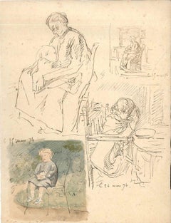 Maternità - Disegno originale a inchiostro di China di E. Morin - 1874