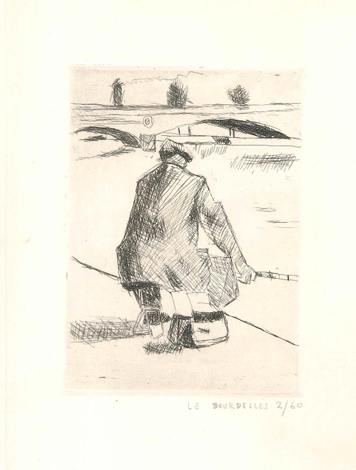 Man qui pêche - eau-forte originale de H. Le Bourdelles - années 1920