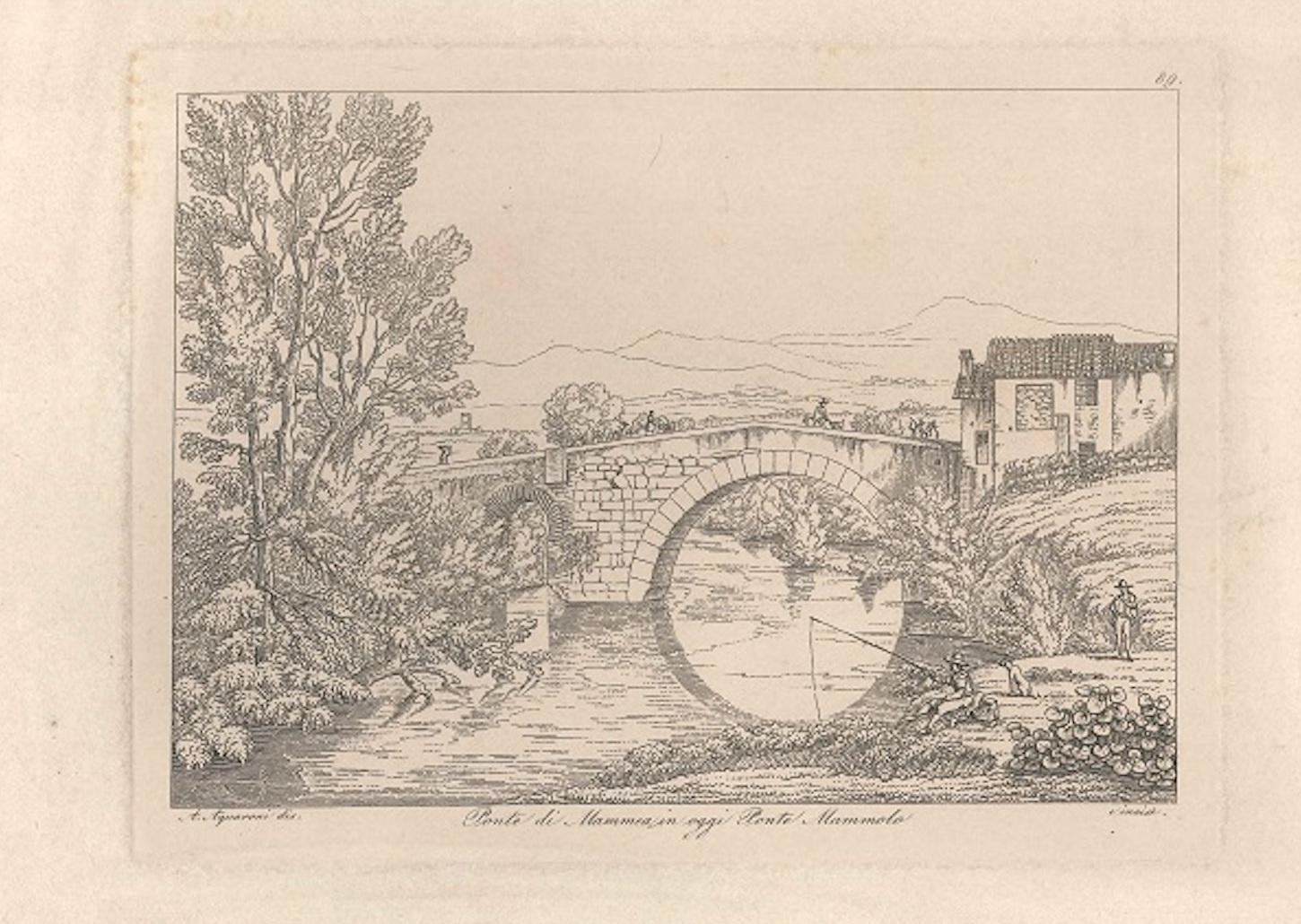 Antonio Acquaroni Figurative Print - Ponte di Mammea (today Ponte Mammolo) - Original Etching by A. Acquaroni - 1836